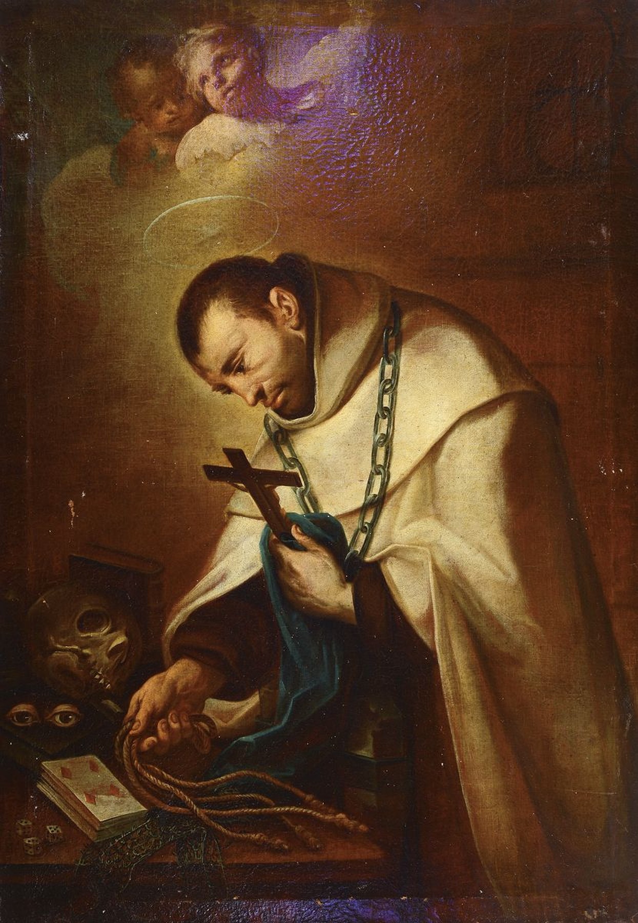 Süddeutscher Künstler, 17. Jahrhundert, Heiliger Franziskus mit Kruzifix in der einen und den Strick in der anderen Hand, im Hintergrund zwei ...