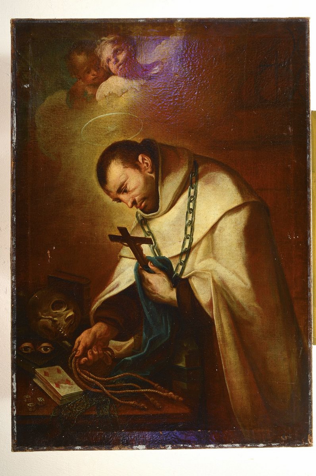Detail k: Süddeutscher Künstler, 17. Jahrhundert, Heiliger Franziskus mit Kruzifix in der einen und den Strick in der anderen Hand, im Hintergrund zwei ...