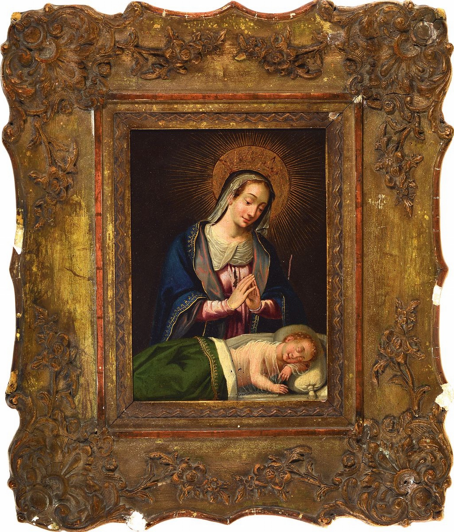 Nazarener, Mitte um 1830/40, Mutter Gottes mit schlafendem Jesuskind, Öl/Kupfer, Kratzspuren, ca. 24 x 17 cm, Rahmen aus der Zeit leicht best., ...