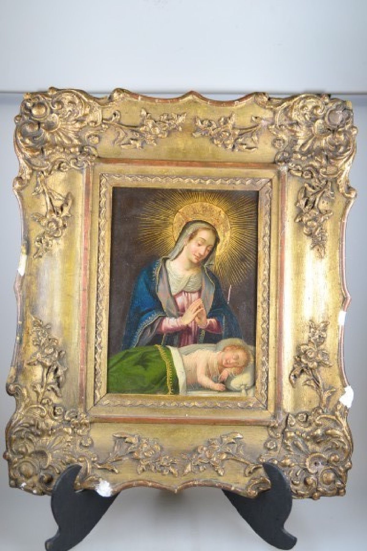 Detail b: Nazarener, Mitte um 1830/40, Mutter Gottes mit schlafendem Jesuskind, Öl/Kupfer, Kratzspuren, ca. 24 x 17 cm, Rahmen aus der Zeit leicht best., ...