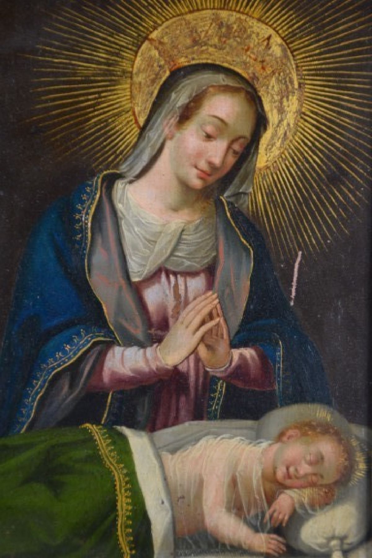 Detail c: Nazarener, Mitte um 1830/40, Mutter Gottes mit schlafendem Jesuskind, Öl/Kupfer, Kratzspuren, ca. 24 x 17 cm, Rahmen aus der Zeit leicht best., ...