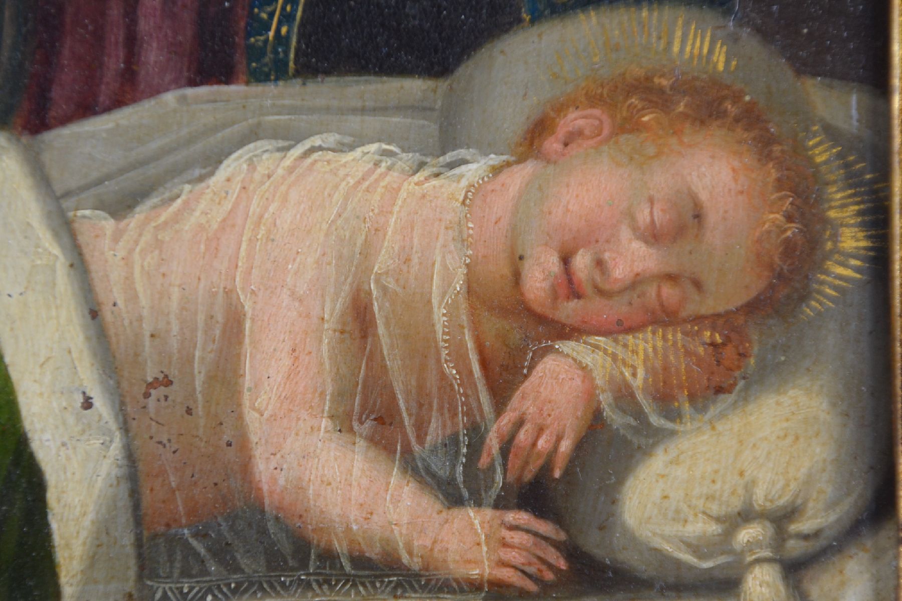 Detail d: Nazarener, Mitte um 1830/40, Mutter Gottes mit schlafendem Jesuskind, Öl/Kupfer, Kratzspuren, ca. 24 x 17 cm, Rahmen aus der Zeit leicht best., ...