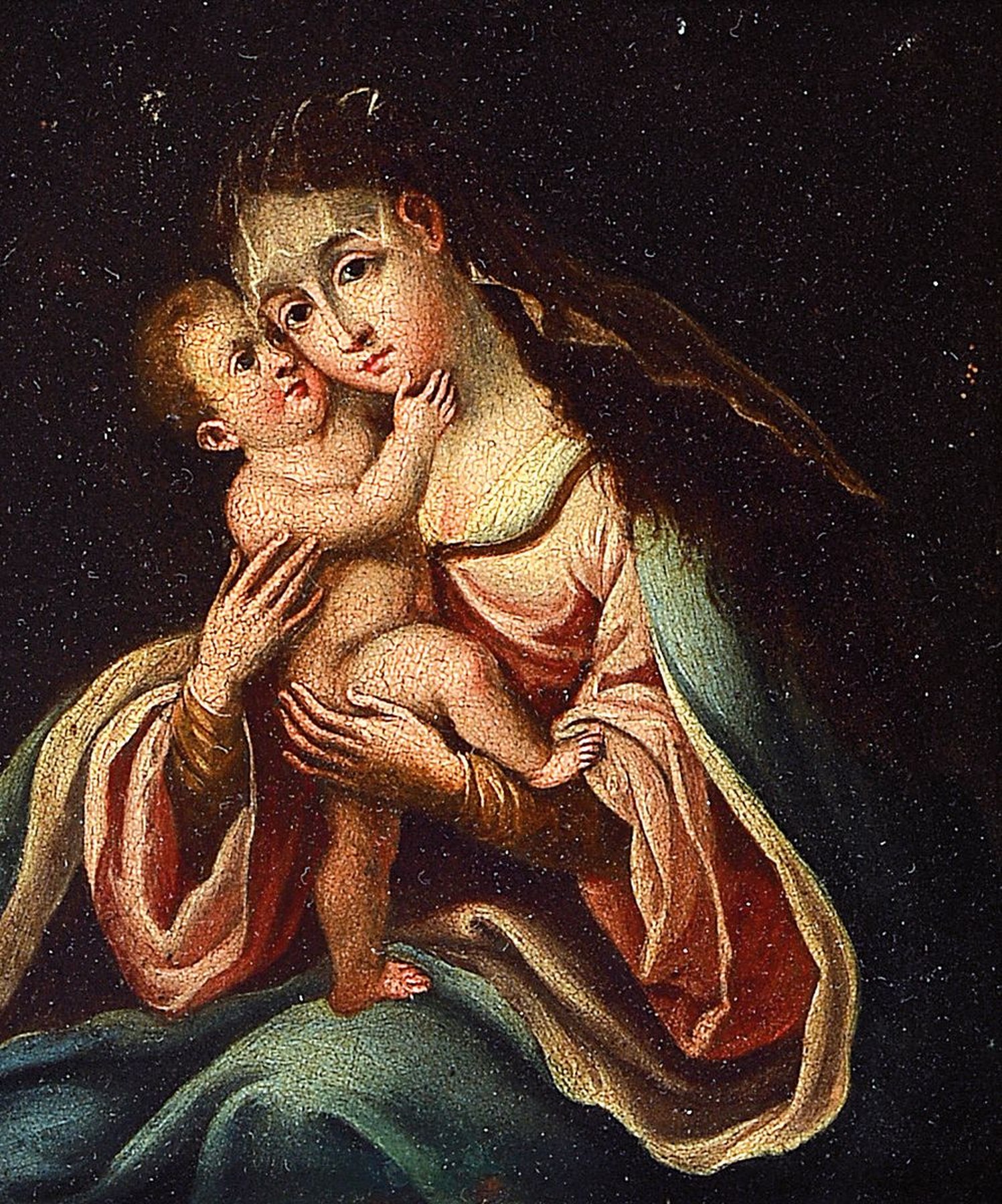 Süddeutscher Künstler, 17./18. Jh., Mutter Gottes mit Jesuskind, Öl/Kupfer, rest., ca. 13x11cm/32x30 cm