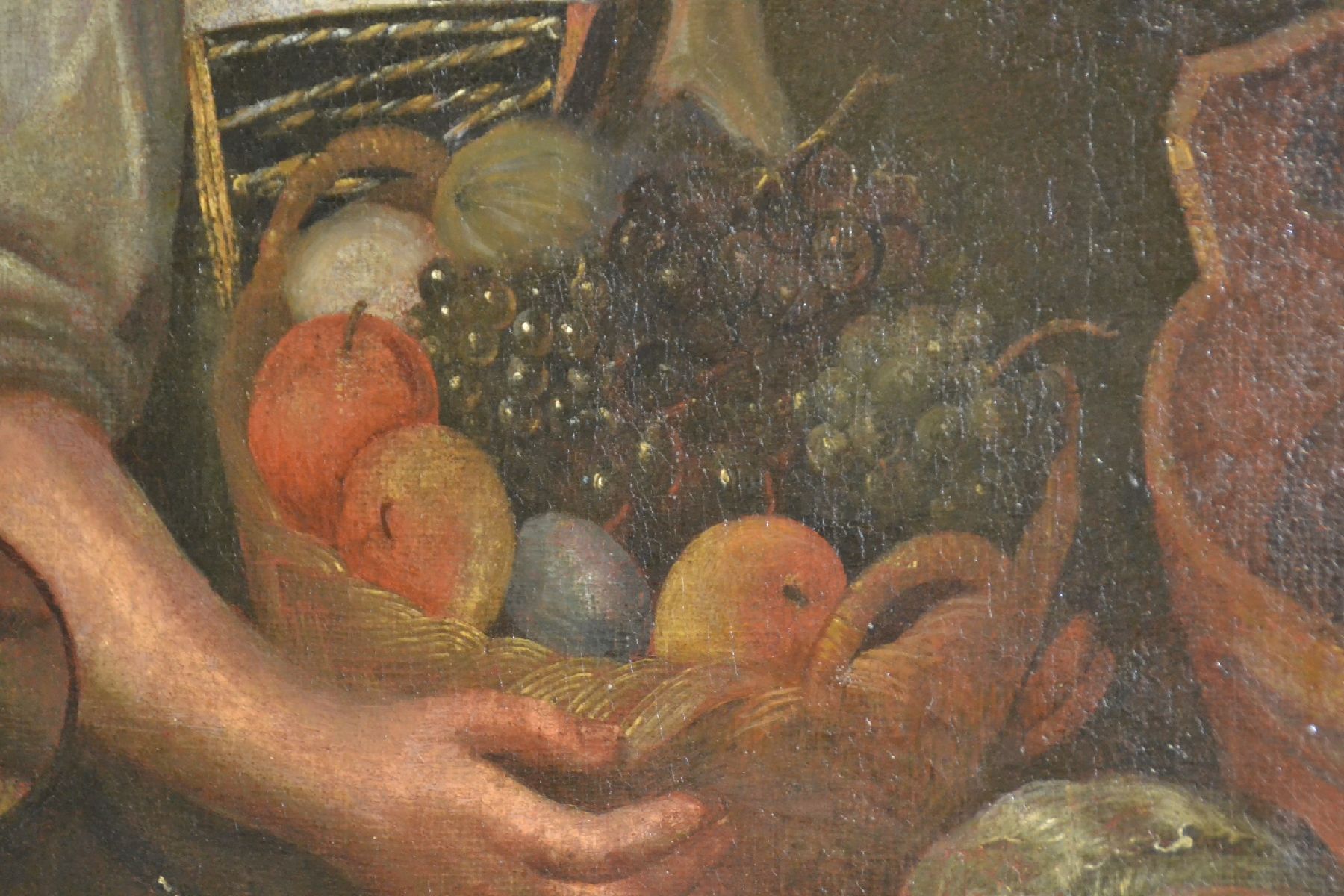 Detail b: Niederländischer Meister, um 1650, junge Magd in der Küche, detailreiche Schilderung der Lebensmittel der Barockzeit, mit Schinken, Geflügel, ...