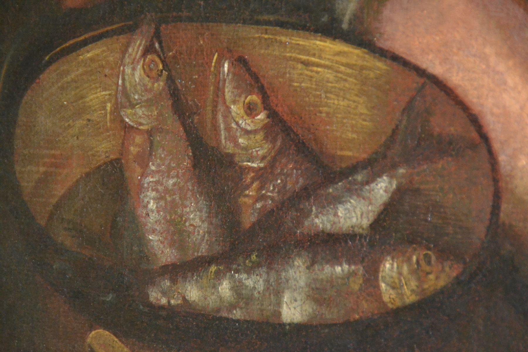 Detail c: Niederländischer Meister, um 1650, junge Magd in der Küche, detailreiche Schilderung der Lebensmittel der Barockzeit, mit Schinken, Geflügel, ...