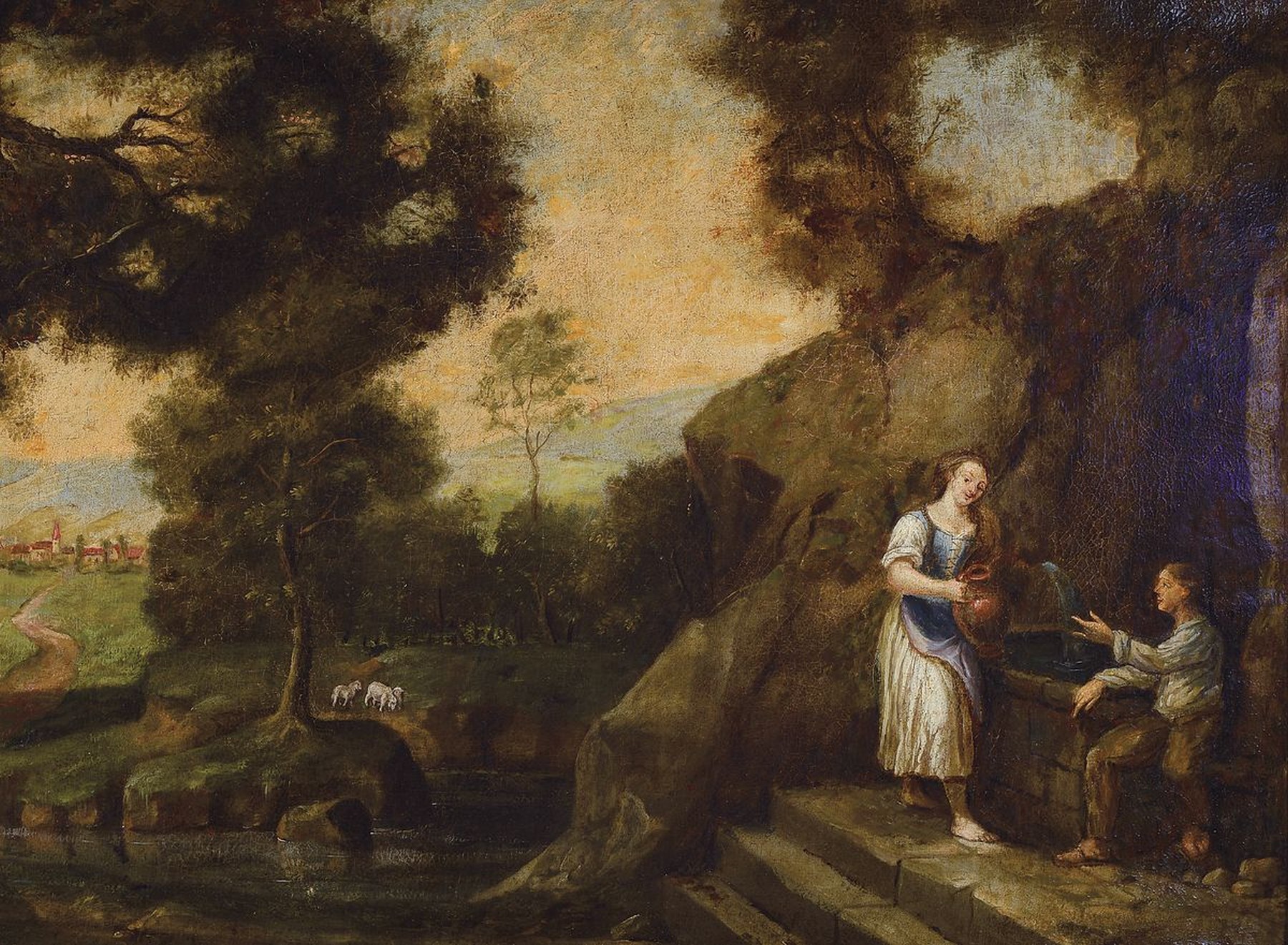 Süddeutscher Barockmaler, um 1720/30, Paar am Brunnen, hügelige Landschaft, im Vordergrund über einer Treppe ein junger Mann am Brunnen u. eine ...