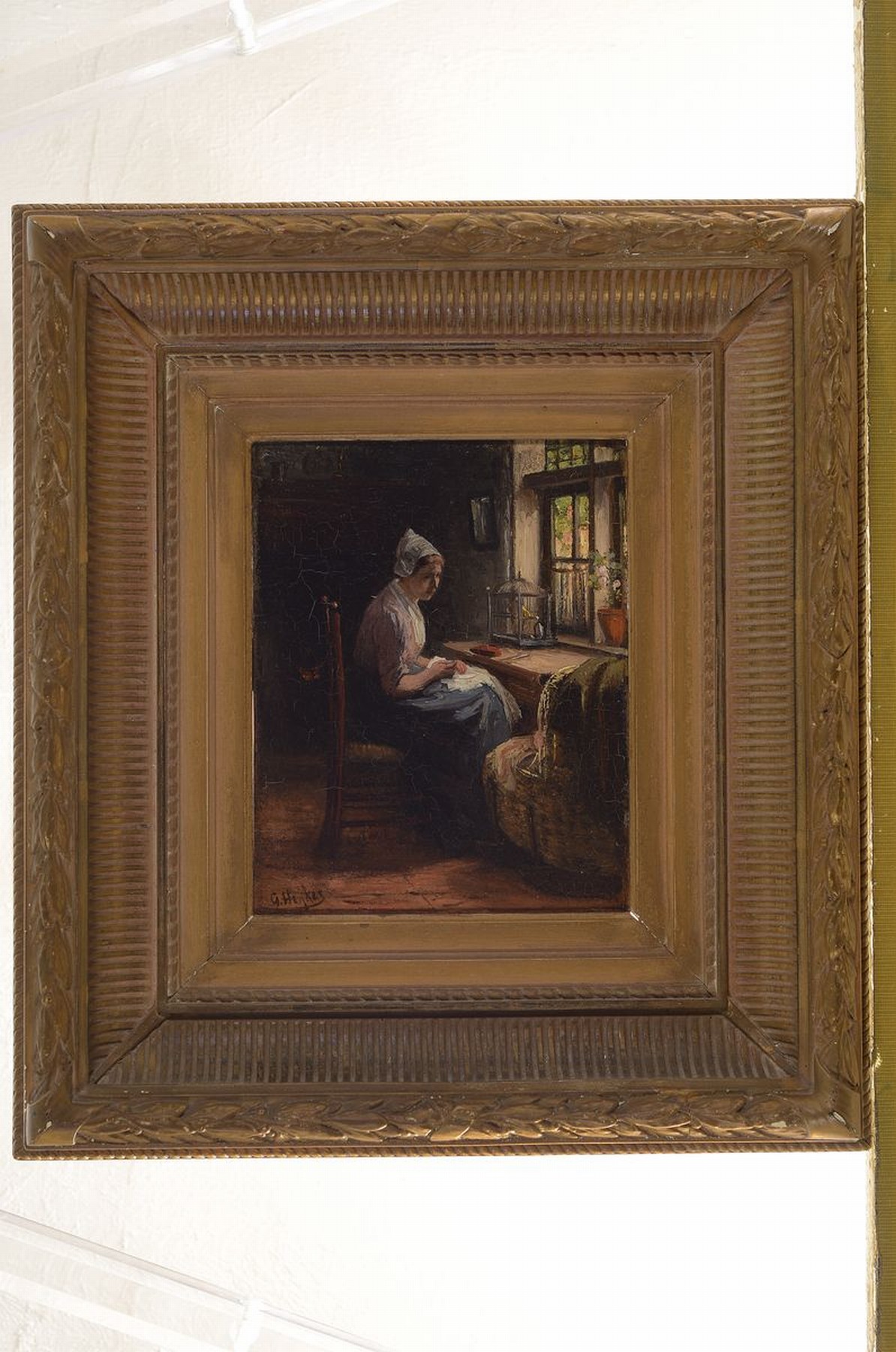 Gerke Henkes, 1844 Delftshaven-1927 Rotterdam , Mutterglück, bürgerliches Interior, feine Wiedergabe der Lichtquellen, Öl/Holzplatte, links unten ...