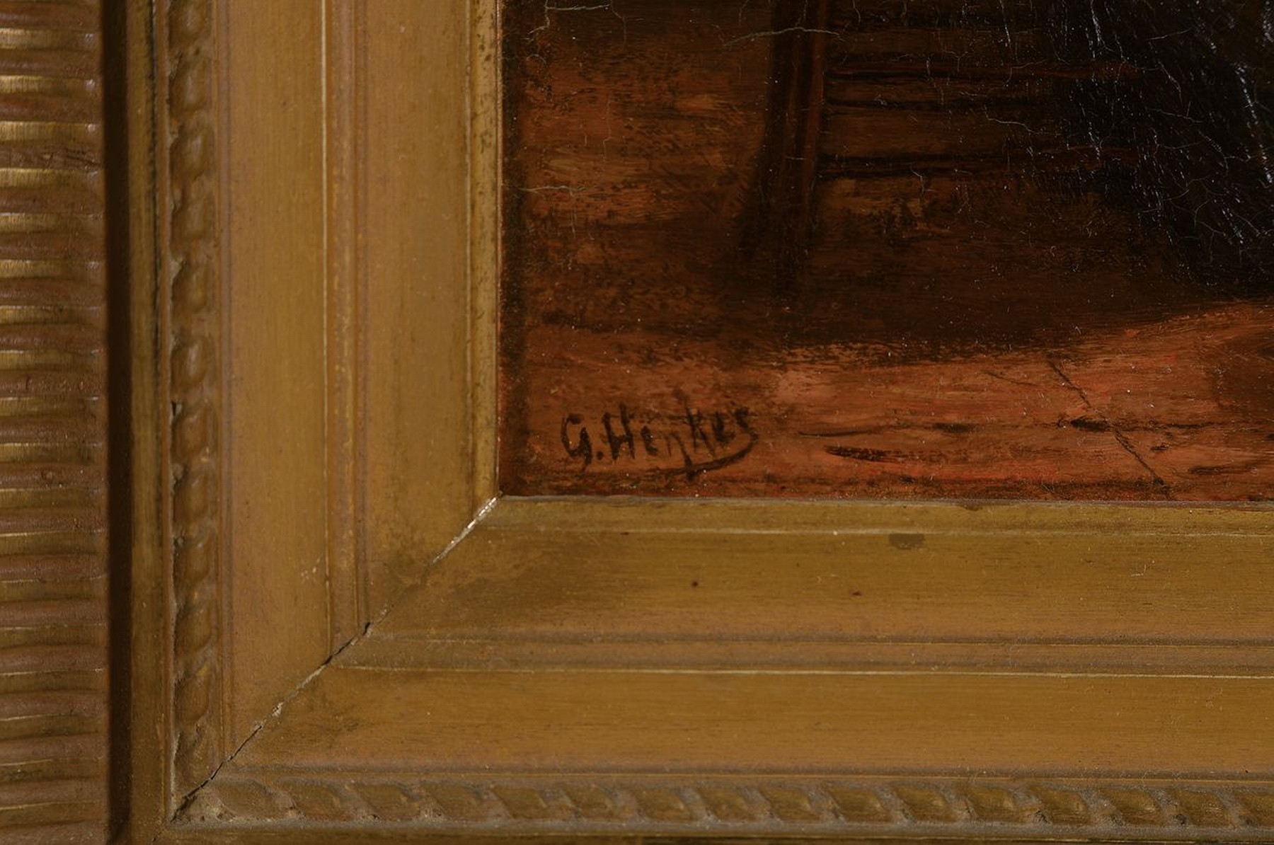Detail a: Gerke Henkes, 1844 Delftshaven-1927 Rotterdam , Mutterglück, bürgerliches Interior, feine Wiedergabe der Lichtquellen, Öl/Holzplatte, links unten ...