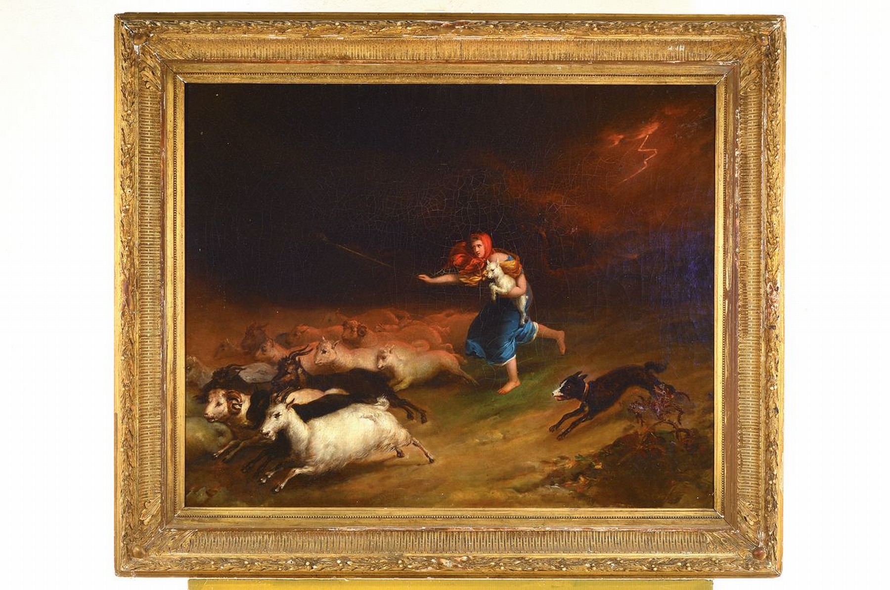 Ungedeuteter Künstler, um 1840, Flucht vor dem Gewitter, junge Ziegenhirtin flieht vor dem heranziehenden Sturm, die Blitze sind schon am Himmel zu ...