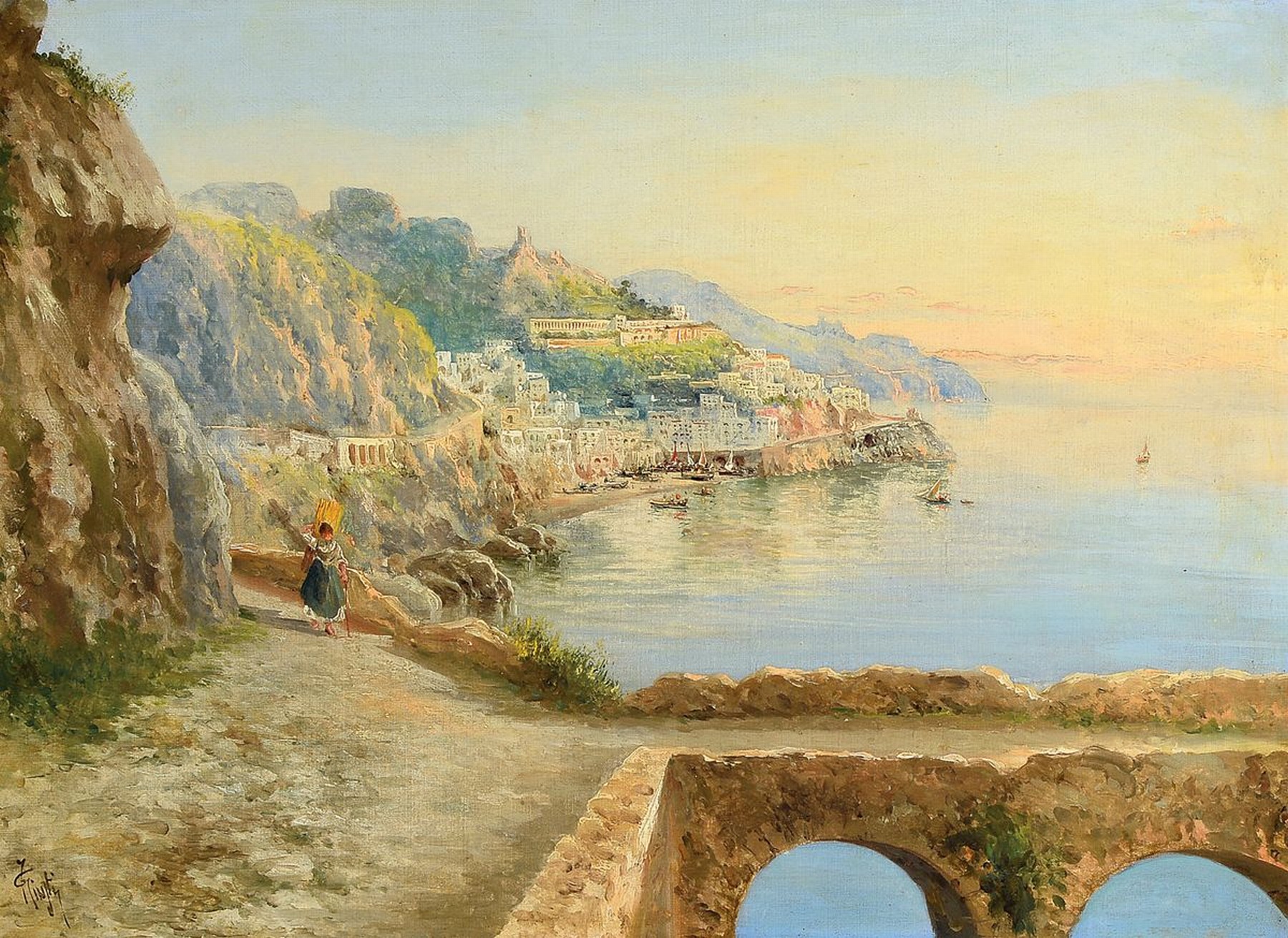 Guglielmo Giusti, 1824 - 1916, Amalfi Küste mit junger Frau, Öl/Lwd/Karton, rest., sign., 46 x 66 cm, Prunkrahmen ca. 72x90cm, l.best.