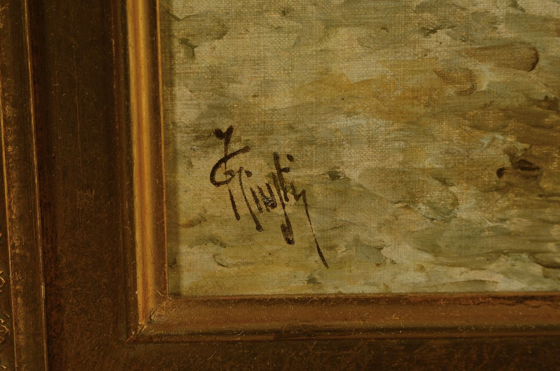 Detail a: Guglielmo Giusti, 1824 - 1916, Amalfi Küste mit junger Frau, Öl/Lwd/Karton, rest., sign., 46 x 66 cm, Prunkrahmen ca. 72x90cm, l.best.