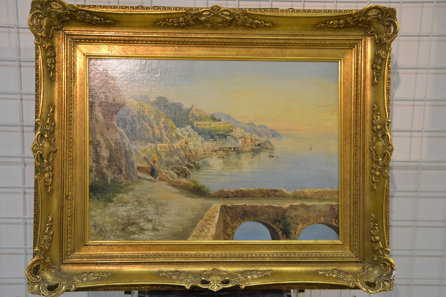 Detail b: Guglielmo Giusti, 1824 - 1916, Amalfi Küste mit junger Frau, Öl/Lwd/Karton, rest., sign., 46 x 66 cm, Prunkrahmen ca. 72x90cm, l.best.