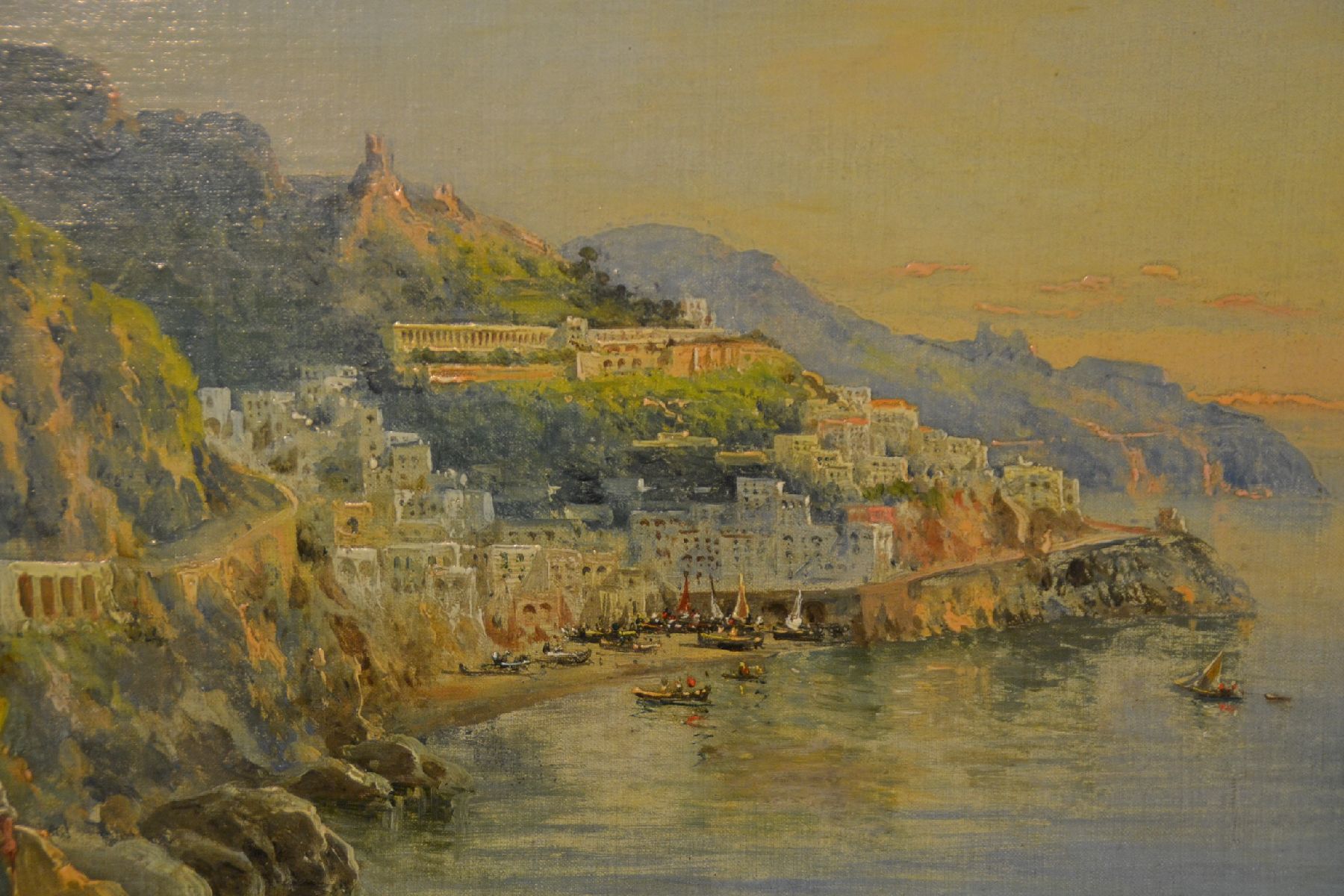 Detail c: Guglielmo Giusti, 1824 - 1916, Amalfi Küste mit junger Frau, Öl/Lwd/Karton, rest., sign., 46 x 66 cm, Prunkrahmen ca. 72x90cm, l.best.