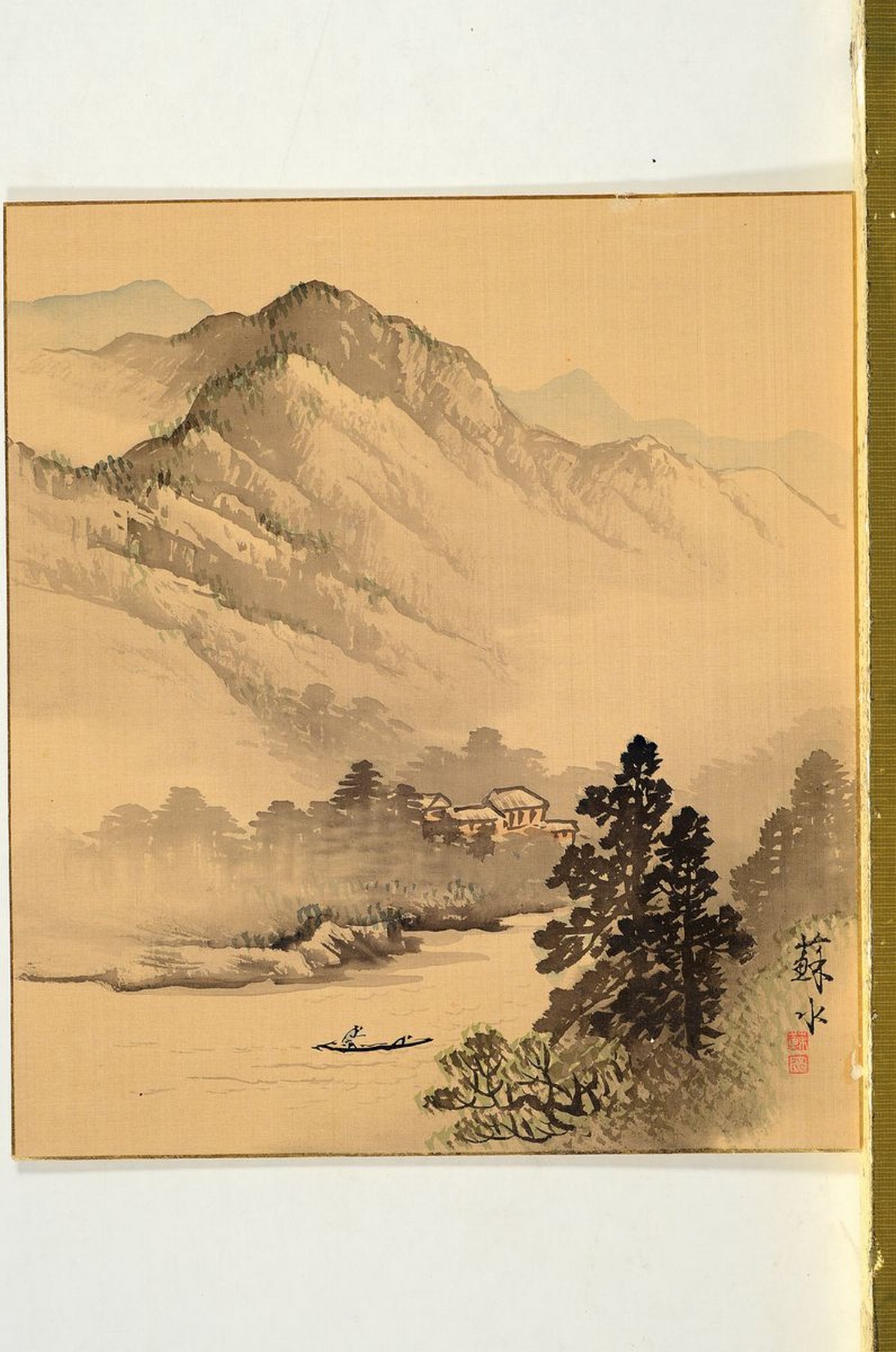 Detail a: Ando Hiroshige, Farbholzschnitt und drei japanische Aquarelle, Farbholzschnitt Ando Hiroshige, um 18470, Winterlandschaft mit Tempel und Personen, ...