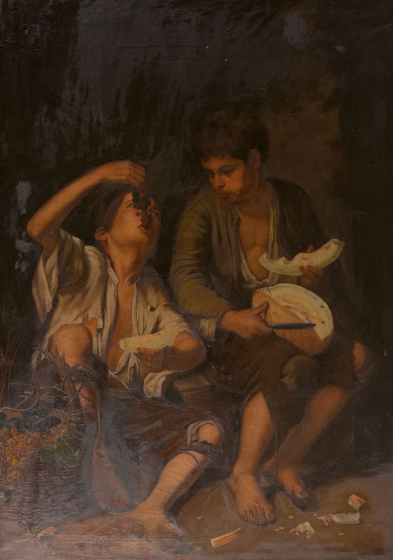 Unbekannter Kopist, um 1900, Kopie nach Bartolome Esteban Murillo (1618-1682), Melonen- und Traubenesser, rest., rechts unten unleserl. signiert ...