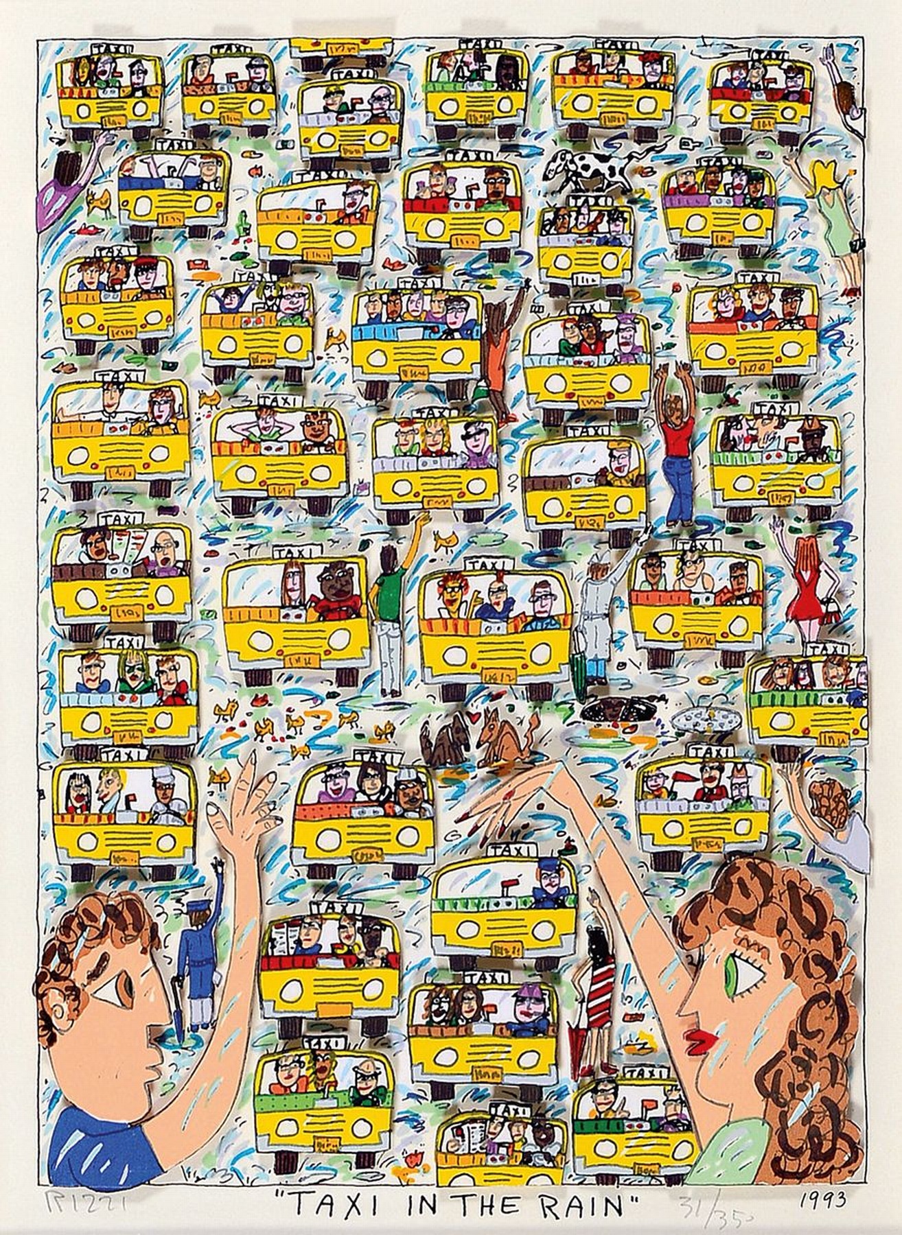 James Rizzi, 1950-2011 New York, Taxi in the rain, dreidimensionale Farblithographie von 1993, handsigniert, num. 31/350, ca. 25x18cm, PP, u.Gl., R. ...