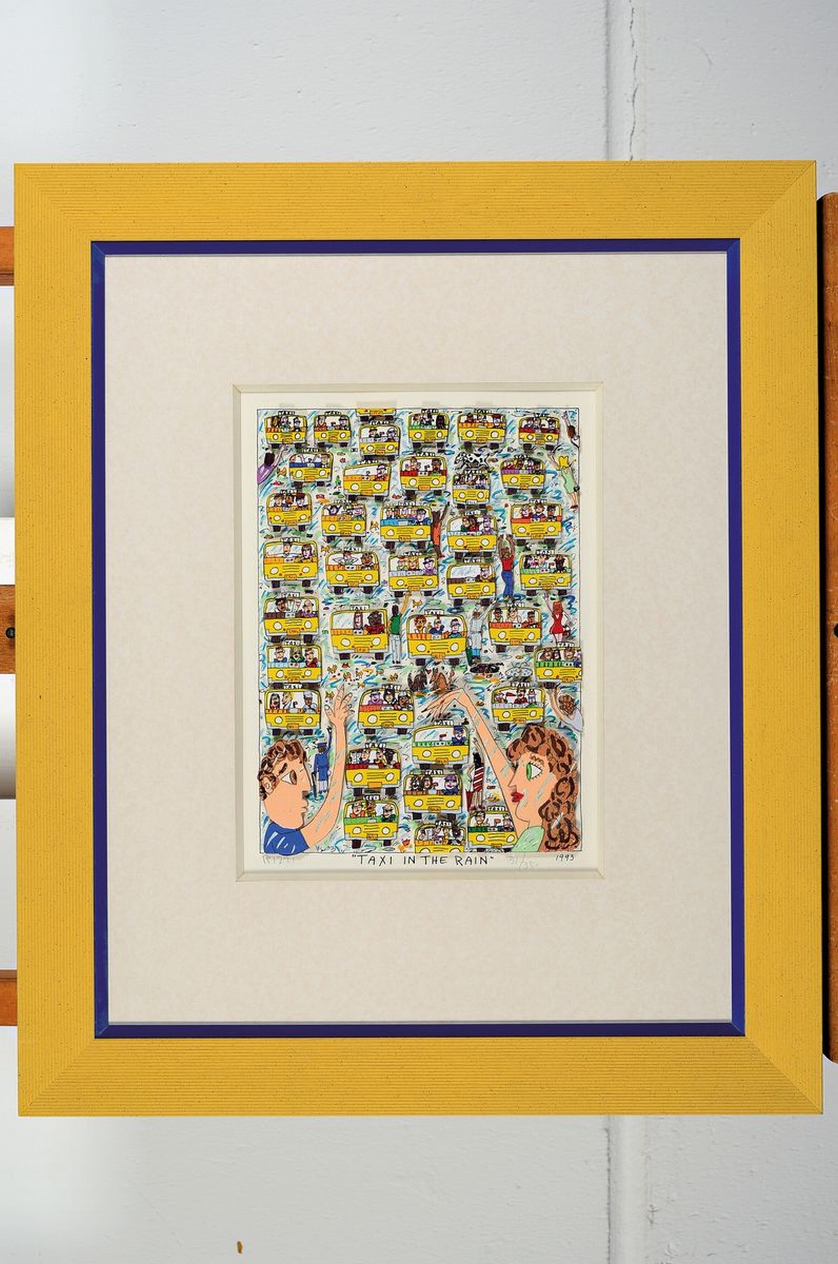 Detail k: James Rizzi, 1950-2011 New York, Taxi in the rain, dreidimensionale Farblithographie von 1993, handsigniert, num. 31/350, ca. 25x18cm, PP, u.Gl., R. ...
