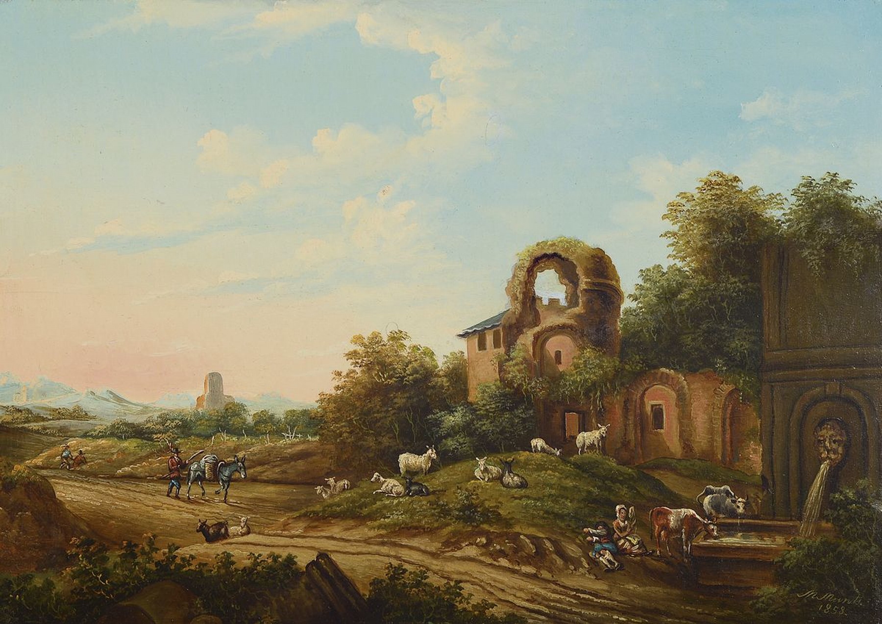 M. Muntz, datiert 1858, 2 Pendants von niederländischen Landschaften mit Personen, Morgen- und Abendstimmung, Öl/Holz, beide rechts unten signiert ...