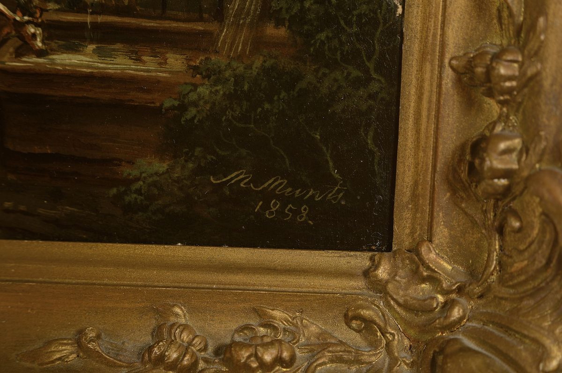 Detail a: M. Muntz, datiert 1858, 2 Pendants von niederländischen Landschaften mit Personen, Morgen- und Abendstimmung, Öl/Holz, beide rechts unten signiert ...