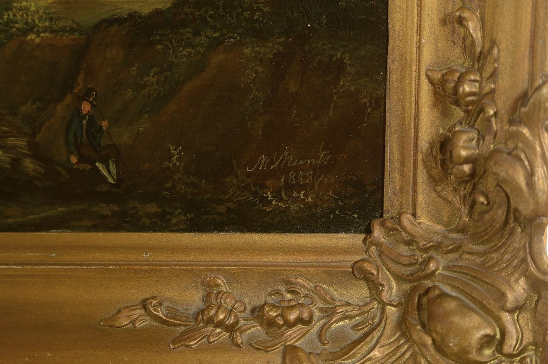 Detail b: M. Muntz, datiert 1858, 2 Pendants von niederländischen Landschaften mit Personen, Morgen- und Abendstimmung, Öl/Holz, beide rechts unten signiert ...
