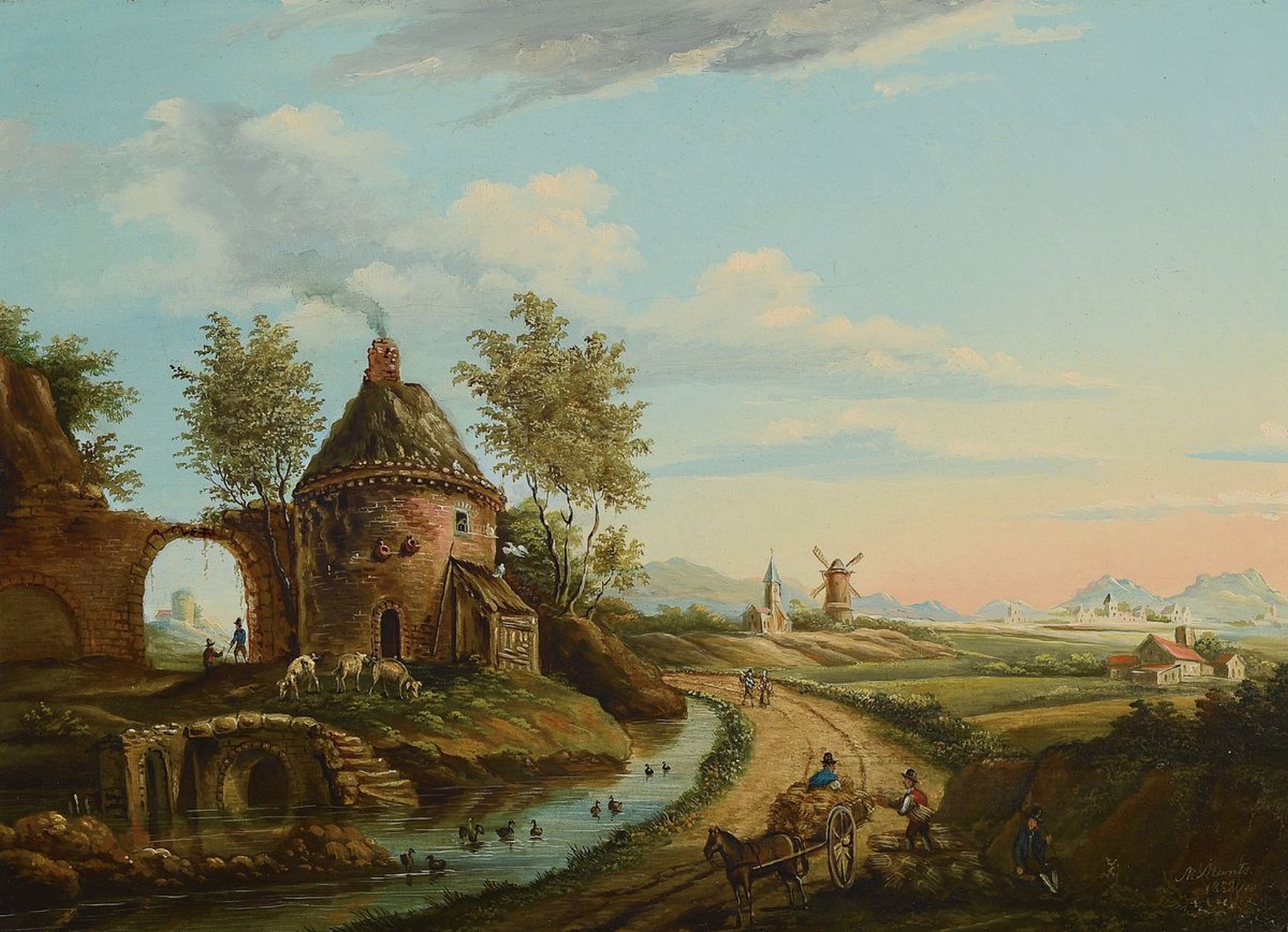 Detail c: M. Muntz, datiert 1858, 2 Pendants von niederländischen Landschaften mit Personen, Morgen- und Abendstimmung, Öl/Holz, beide rechts unten signiert ...