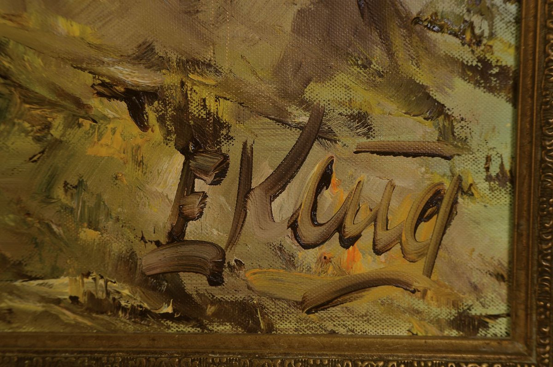 Detail c: Eduard Klug, geb. 1924 Deidesheim, Reiter im Herbstwald, Öl/Lwd, rechts unten signiert, rückseitig datiert 1971, ca. 60x 100cm, R. ca. 76x116cm