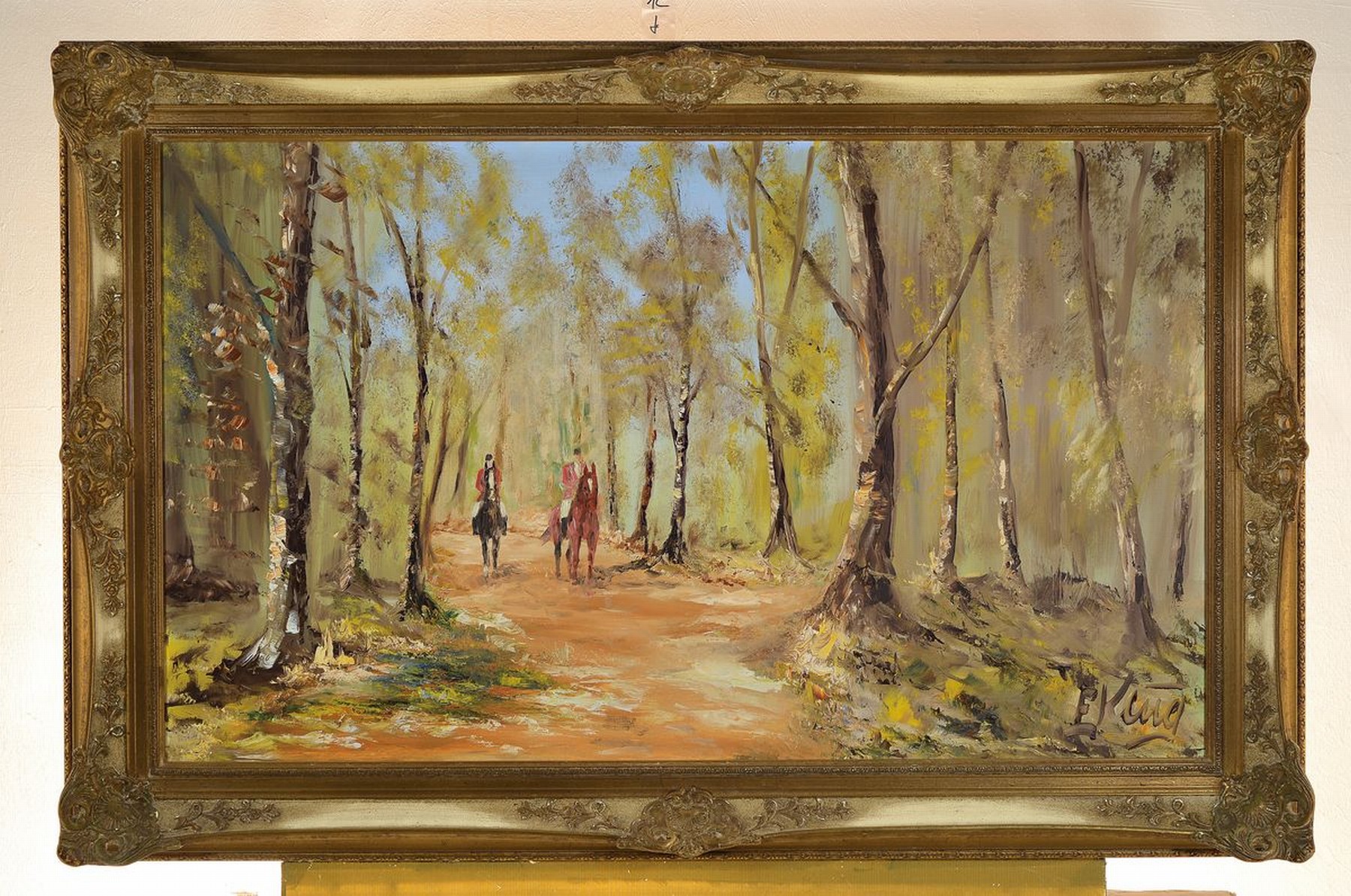 Detail k: Eduard Klug, geb. 1924 Deidesheim, Reiter im Herbstwald, Öl/Lwd, rechts unten signiert, rückseitig datiert 1971, ca. 60x 100cm, R. ca. 76x116cm