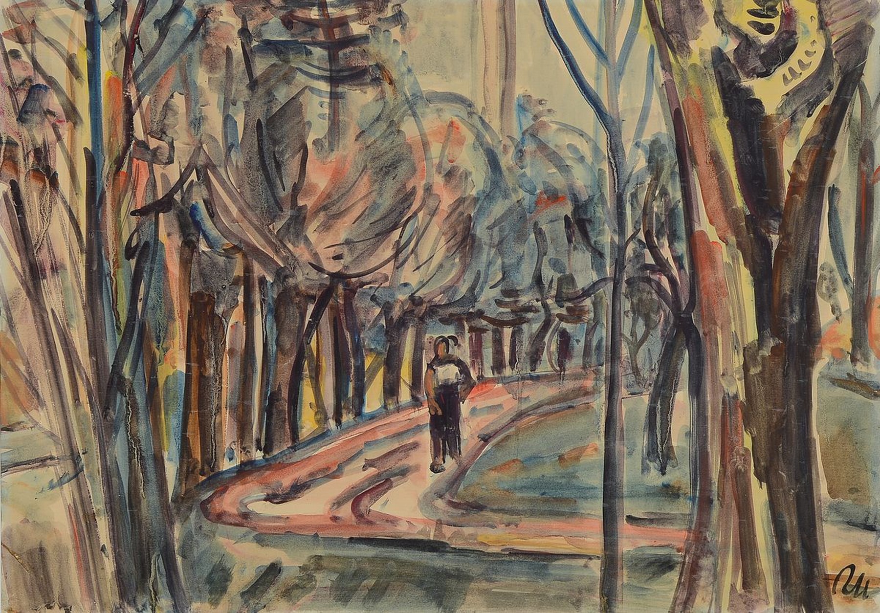 Rolf Müller-Landau, 1903-1956, Spaziergänger auf Baum bestandenem Weg, Aquarell und Gouache auf Papier, rechts unten monogr., ca. 50x70cm, PP, ...
