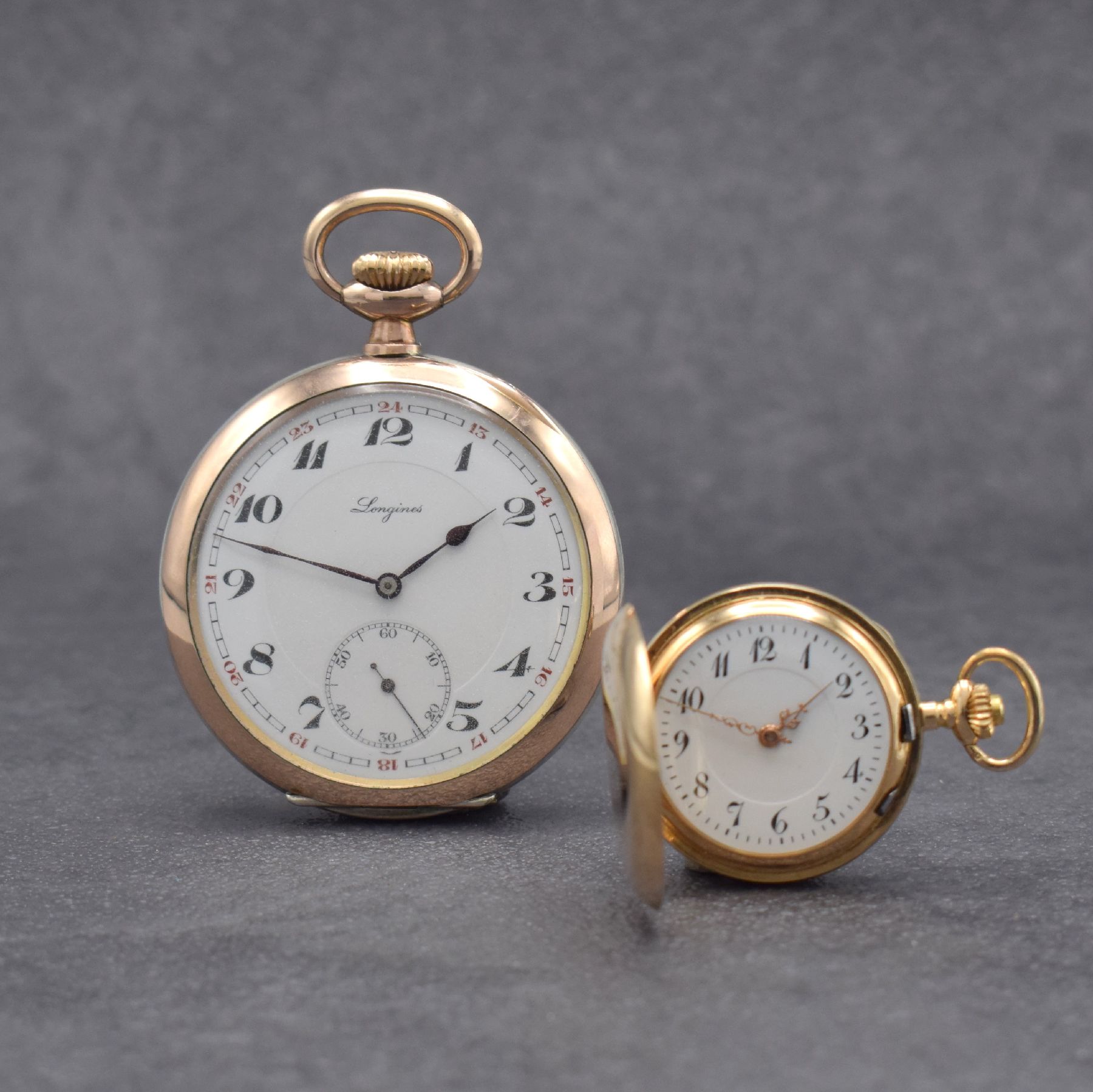 2 Taschenuhren: 1.) Damensavonette in RG 585/000 & 2.) LONGINES Taschenuhr in Silber, Schweiz um 1900, 1.) 2-Deckel Goldgeh. dell., Emailzifferbl. m. ...