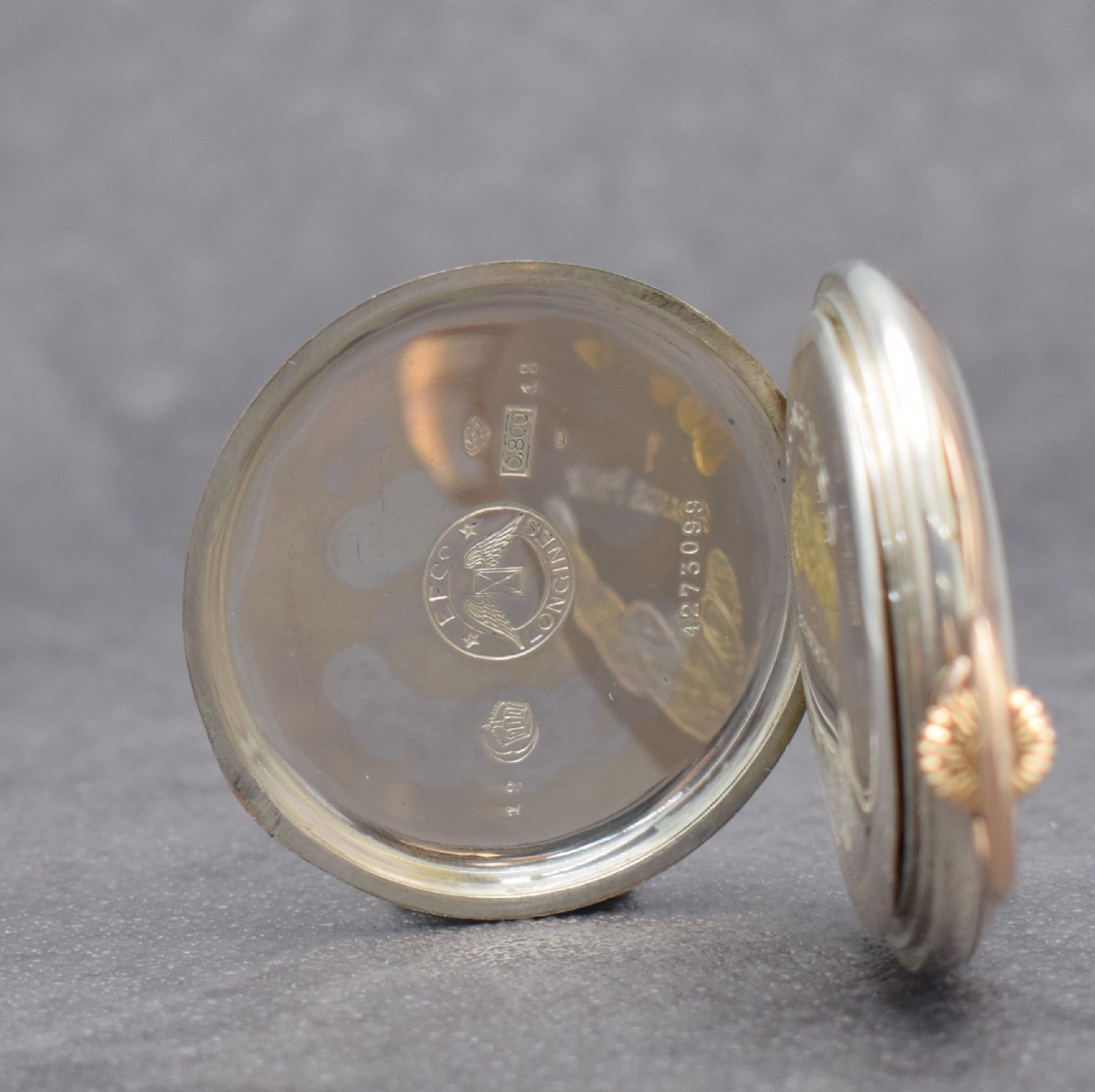 Detail c: 2 Taschenuhren: 1.) Damensavonette in RG 585/000 & 2.) LONGINES Taschenuhr in Silber, Schweiz um 1900, 1.) 2-Deckel Goldgeh. dell., Emailzifferbl. m. ...