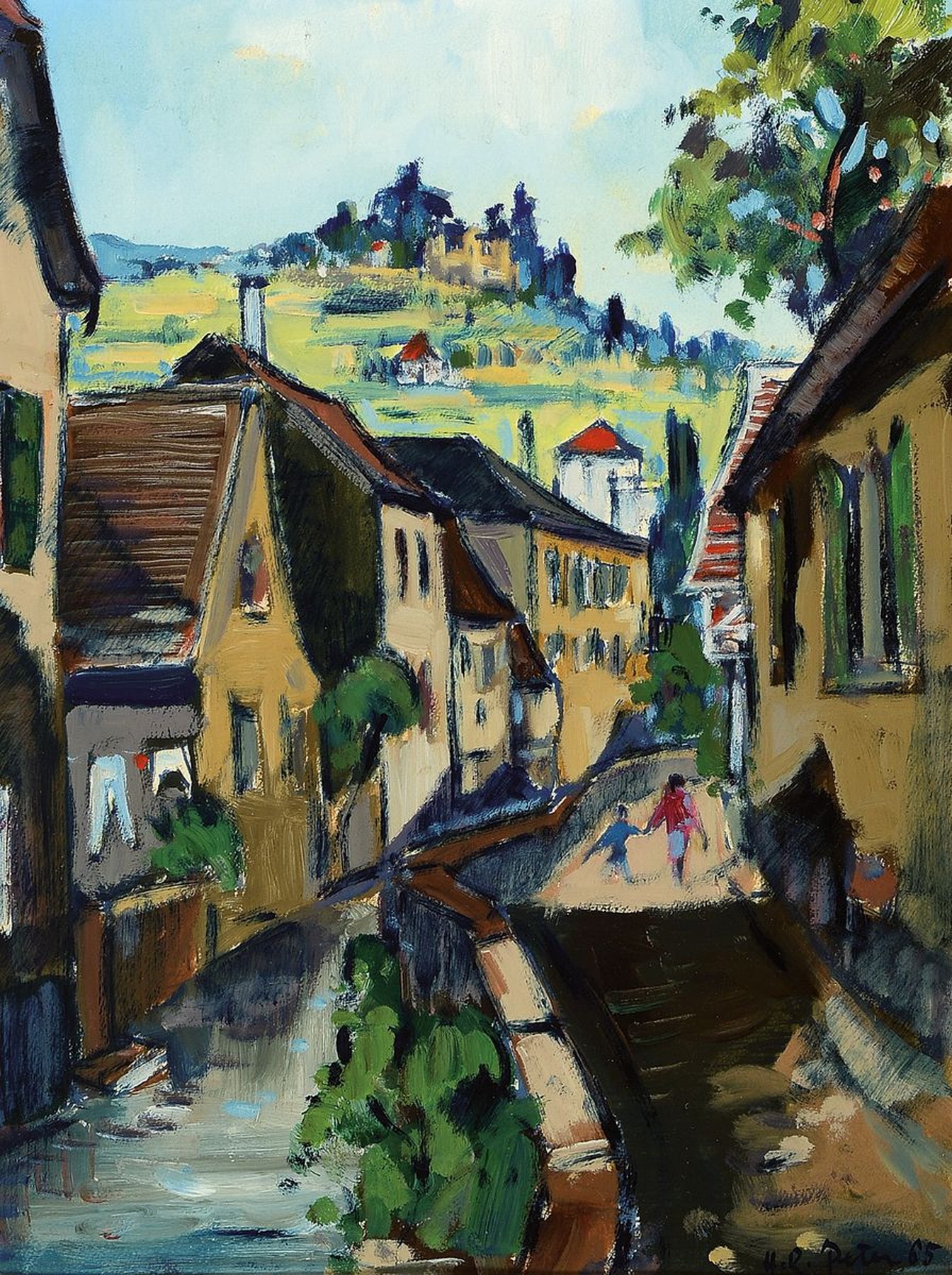 Hans Rolf Peter, 1926-2020, Bachgängel Neustadt an der Weinstraße, im Hintergrund das Hambacher Schloß, Öl/Malkarton, rechts unten signiert und ...