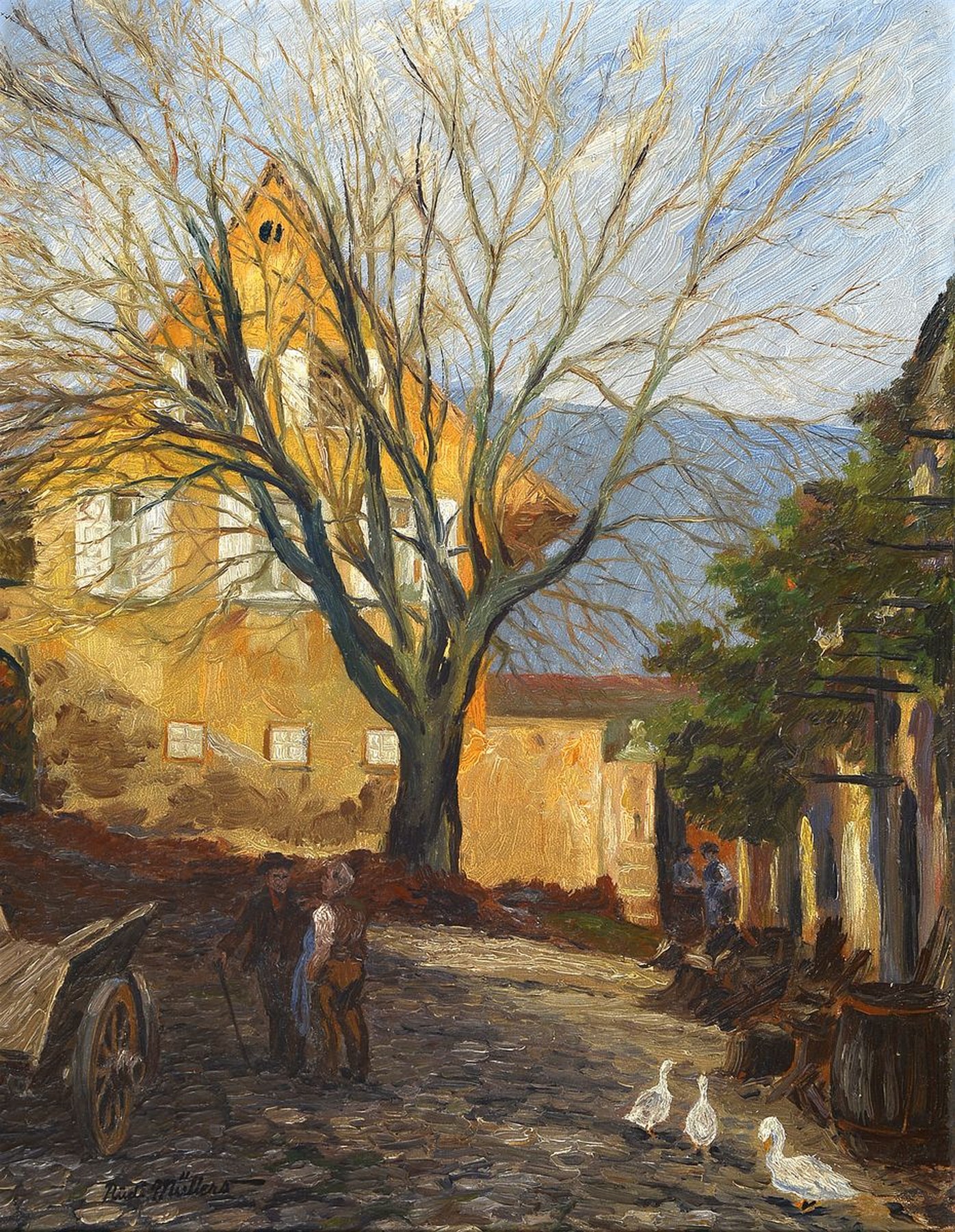 Rudi Müllers, 1895 Mannheim-1972 Heidelberg, Blick auf das Weingut Schäffer in Hambach, bekannt aus der Fernsehsendung Weingut Wader, ...