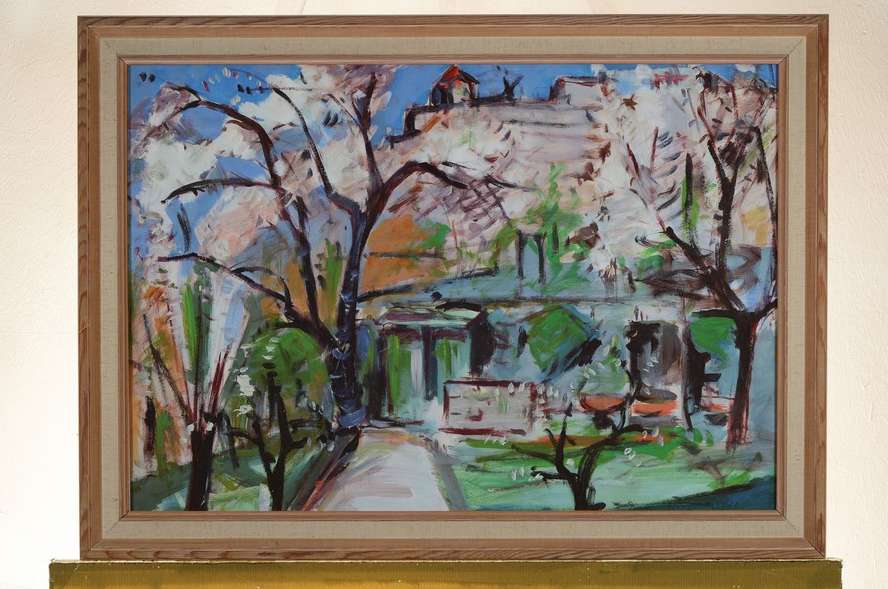 Detail k: Hans Rolf Peter, 1926-2020, Blick durch blühende Bäume auf das Hambacher Schloß, Gouache auf Malkarton, rechts unten signiert, ca. 44x64cm, u.Gl., ...