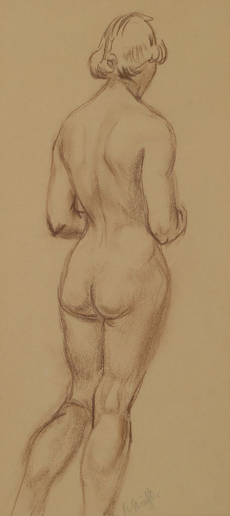 Marie Strieffler, 1917-1987 Landau, Rötelzeichnung auf Papier, stehender Rückenakt, mittig unten signiert, unter PP und Glas gerahmt, ca. 54x32cm ...
