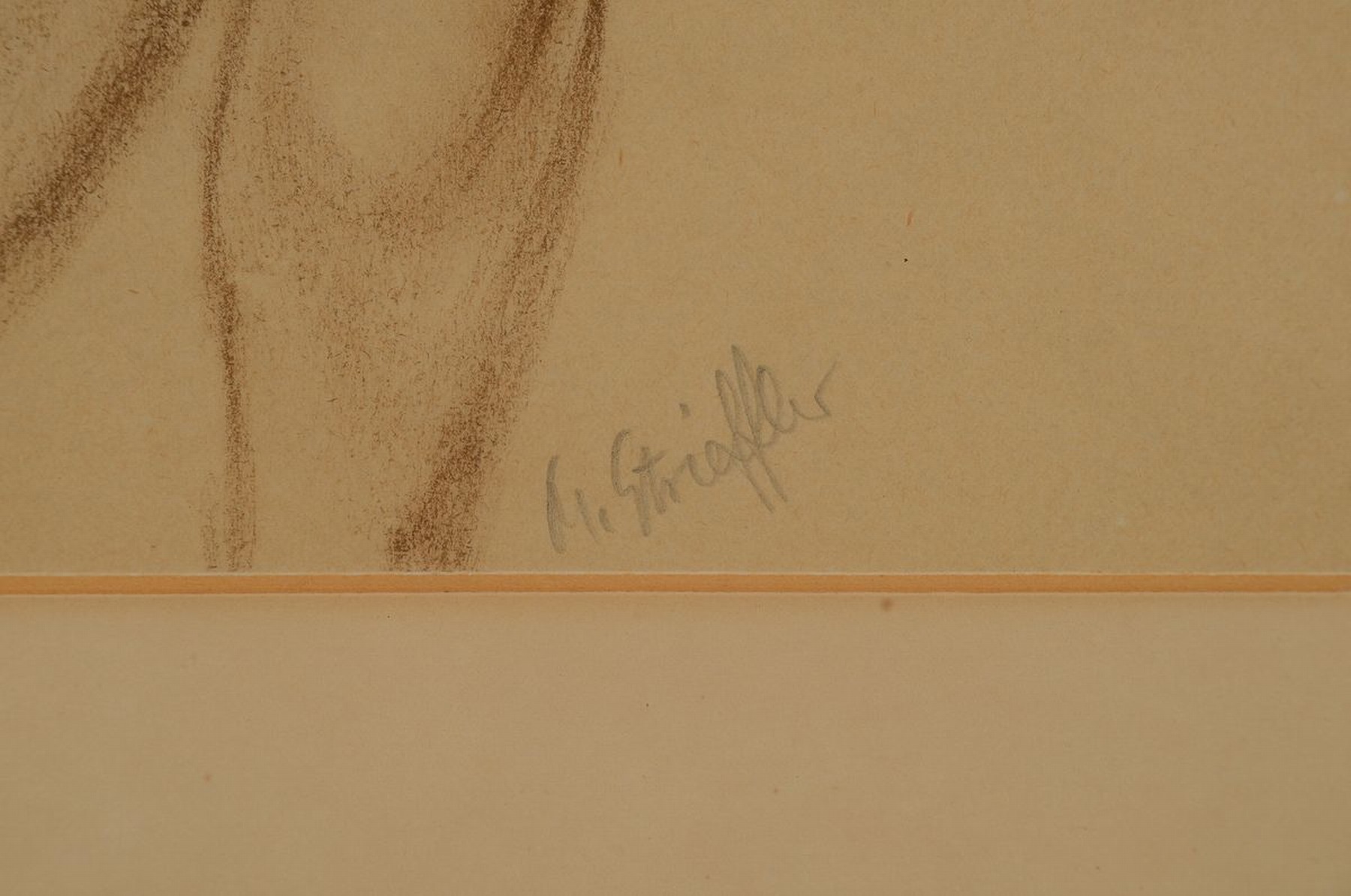 Detail c: Marie Strieffler, 1917-1987 Landau, Rötelzeichnung auf Papier, stehender Rückenakt, mittig unten signiert, unter PP und Glas gerahmt, ca. 54x32cm ...