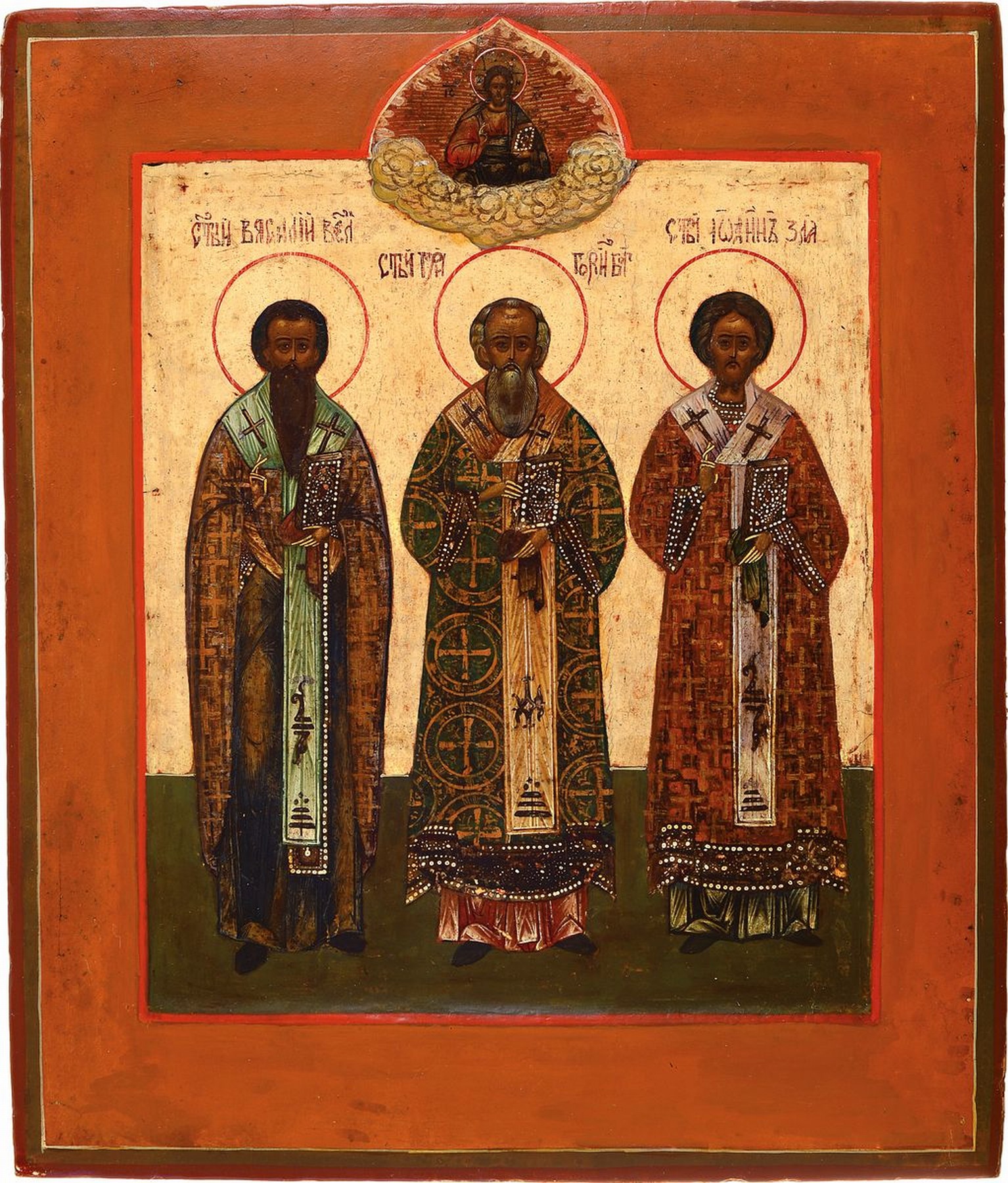 Ikone, Zentralrussland, um 1800, Hl. drei Hierarchen (Kirchenlehrer): Hl. Gregor von Nazianz, Hl. Basilius der Große und der große Homilet Johannes ...