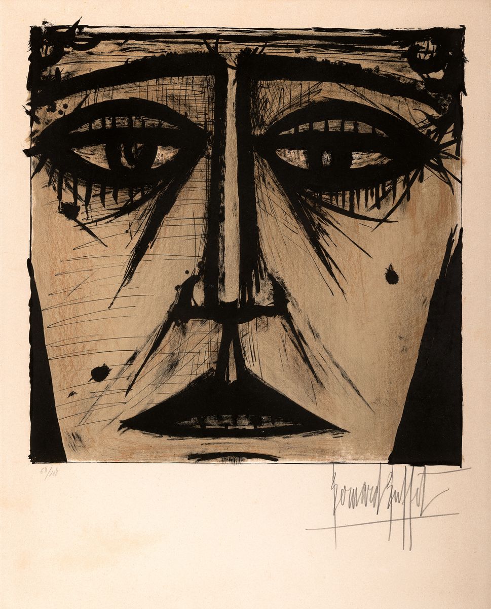 Bernard Buffet, 1928 Paris-1999 Tourtour, Lithographie, Visage (1958), Ed. 68/108, rechts unten mit Bleistift signiert, unter Glas gerahmt, lt. ...