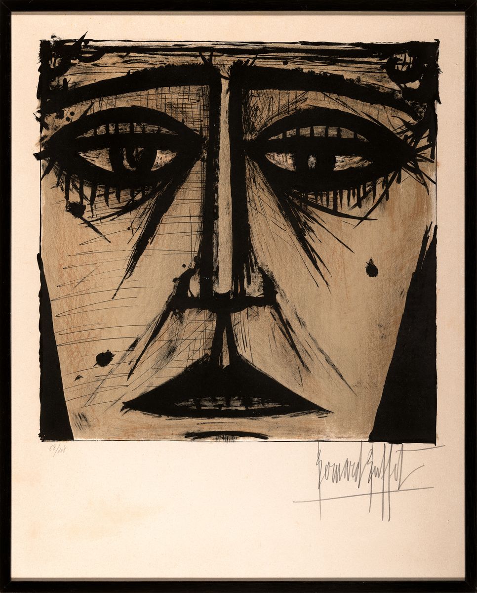 Detail k: Bernard Buffet, 1928 Paris-1999 Tourtour, Lithographie, Visage (1958), Ed. 68/108, rechts unten mit Bleistift signiert, unter Glas gerahmt, lt. ...