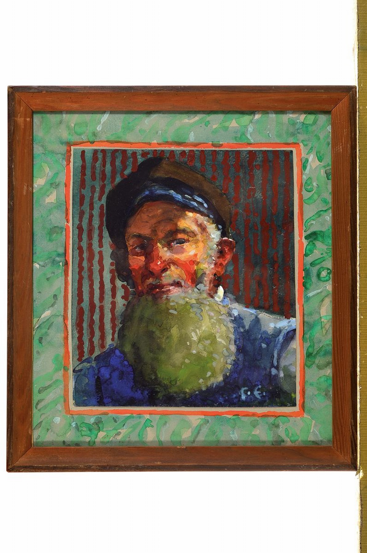 Detail k: Gustav Ernst, 1858 Elsterberg-1945 Bad Dürkheim, Porträt eines bärtigen Mannes, Gouache auf Papier, rechts unten monogrammiert, unter Glas ...