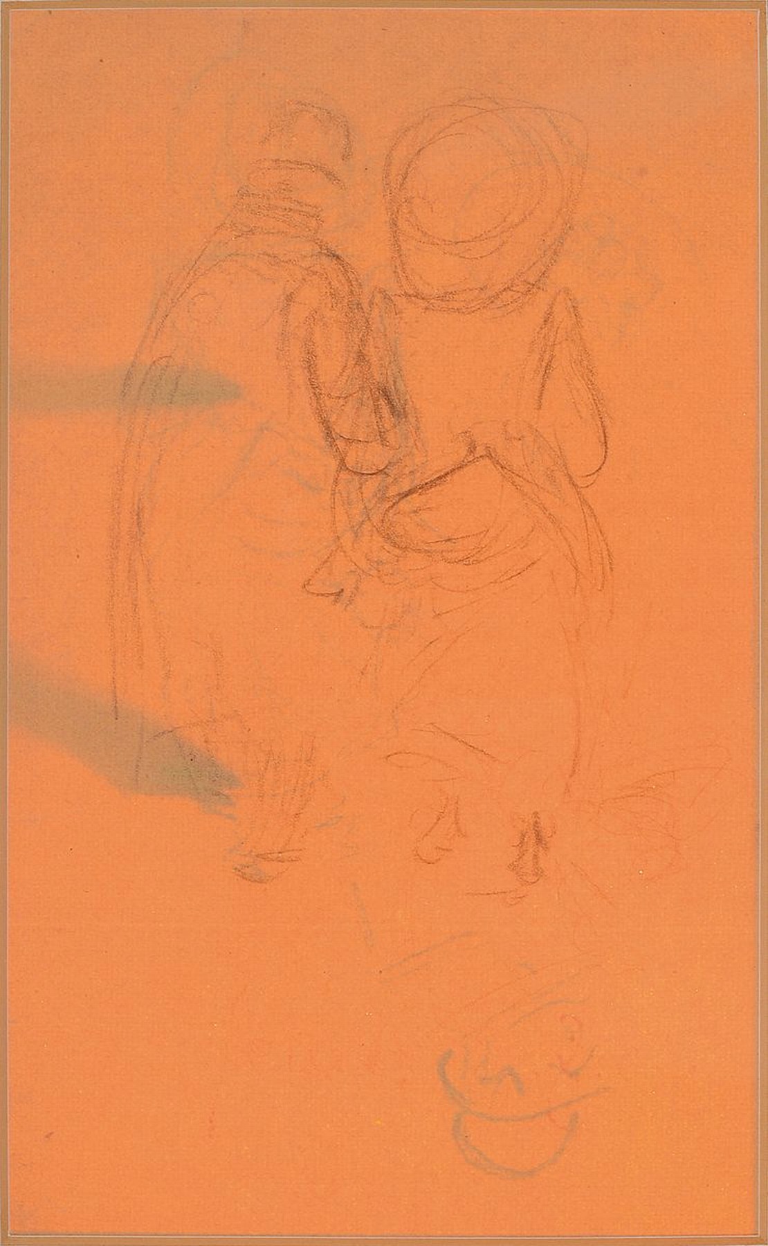 Zuschreibung: Heinrich Zille, 1858-1929, beidseitiges bearbeitetes Skizzenblatt, recto: Rückansicht eines flanierenden Pärchens, verso: Skizzen ...