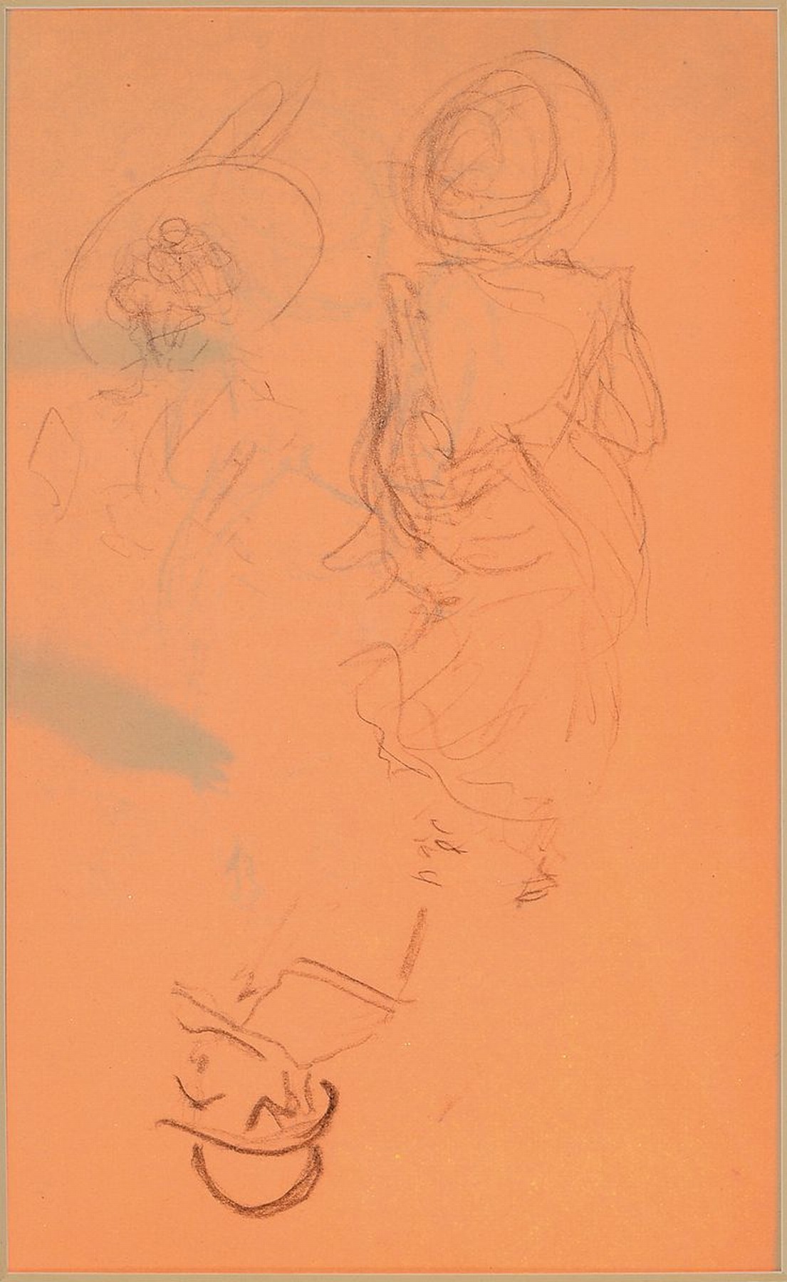 Detail a: Zuschreibung: Heinrich Zille, 1858-1929, beidseitiges bearbeitetes Skizzenblatt, recto: Rückansicht eines flanierenden Pärchens, verso: Skizzen ...