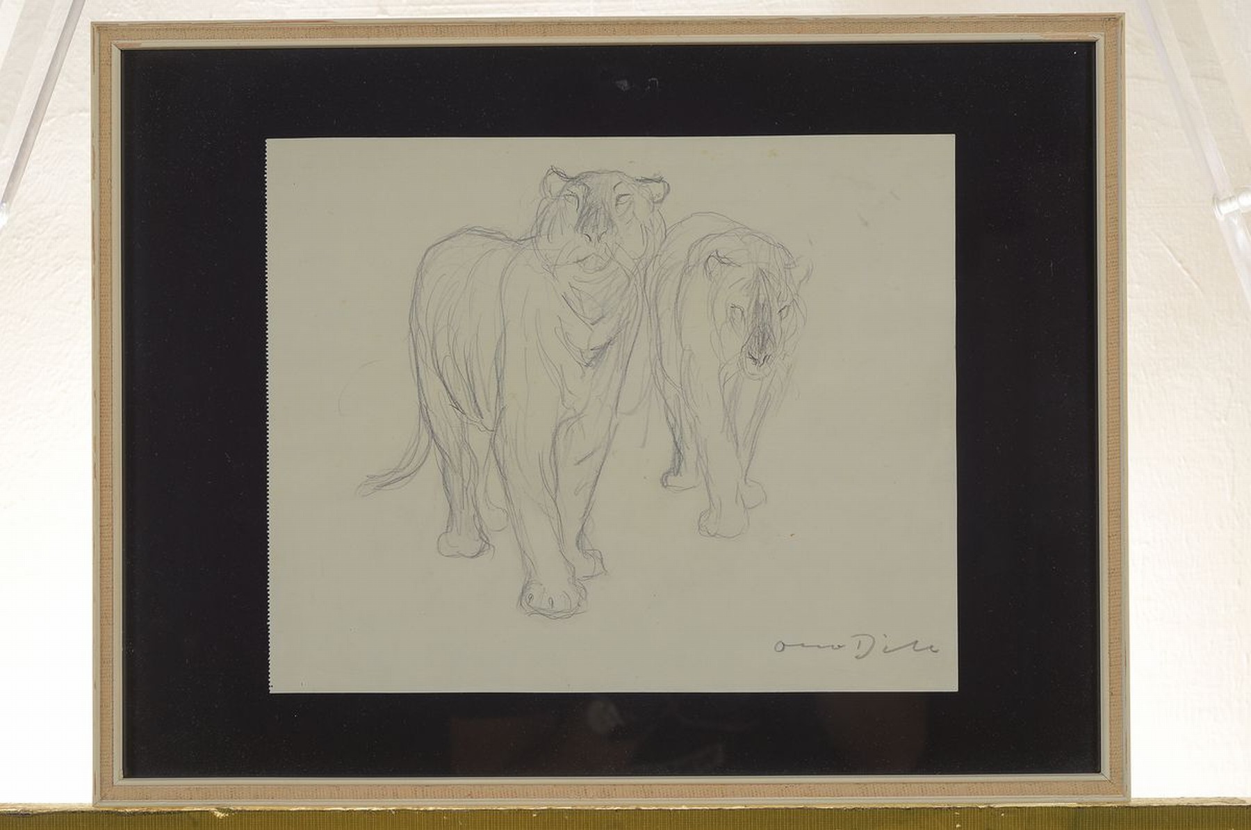 Detail k: Otto Dill, 1884 Neustadt- 1957 Bad Dürkheim, Bleistiftzeichnung, zwei schreitende Tiger, forcierter Blickkontakt mit dem Betrachter, unter Glas ...