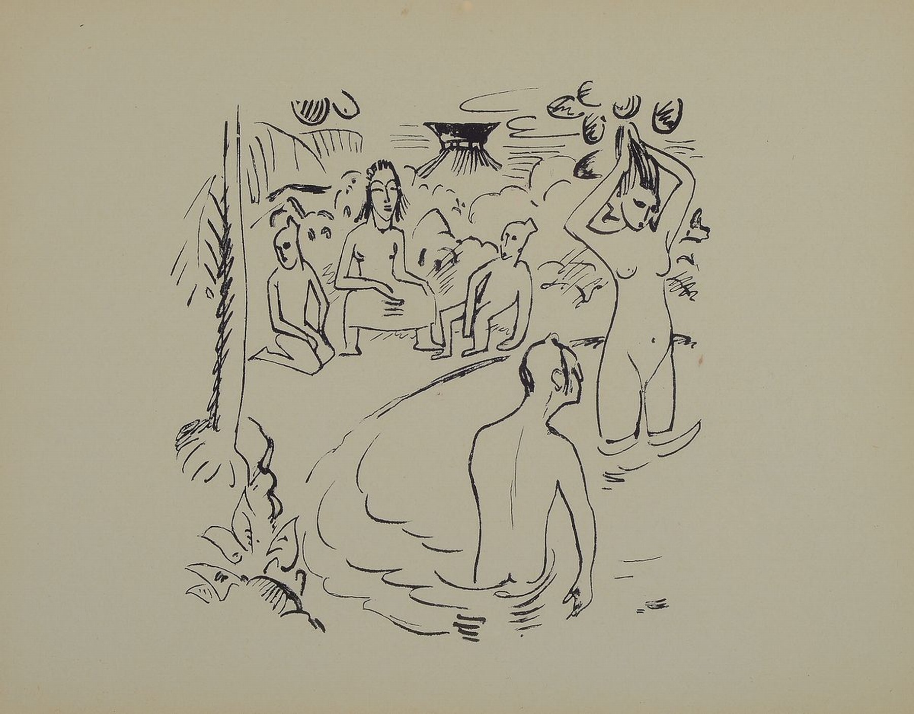 Max Pechstein, 1881-1955, Lithographie, "Badende Palauindianer", aus der Reihe Reisebilder von 1919, unsigniert, unter Glas gerahmt, ca. ...