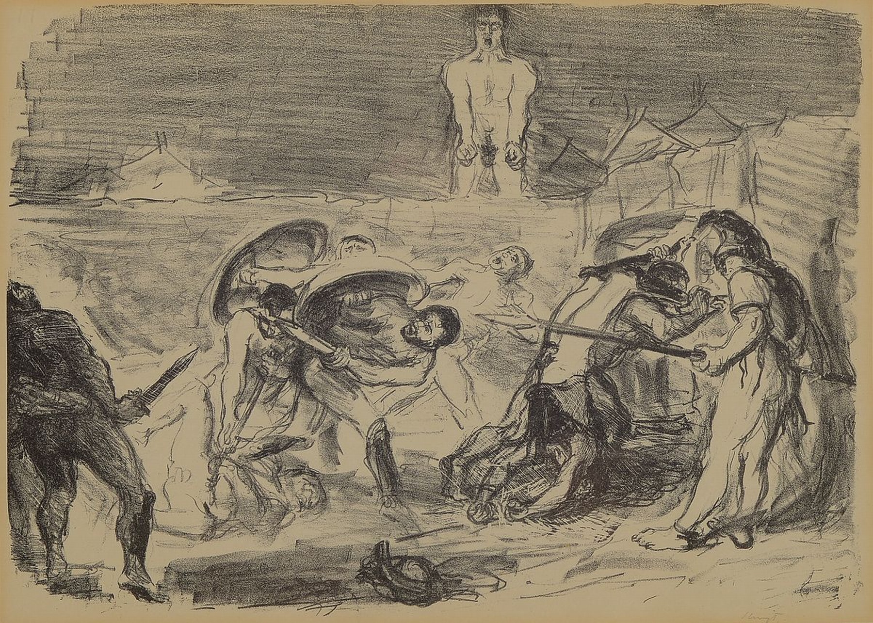 Detail a: Max Slevogt, 1868 Landshut-1932 Leinsweiler,Lithographie, Achilleus erfährt vom Tod Patroklos, dazu: höfische Szene, Dame in Kutsche, je rechts ...