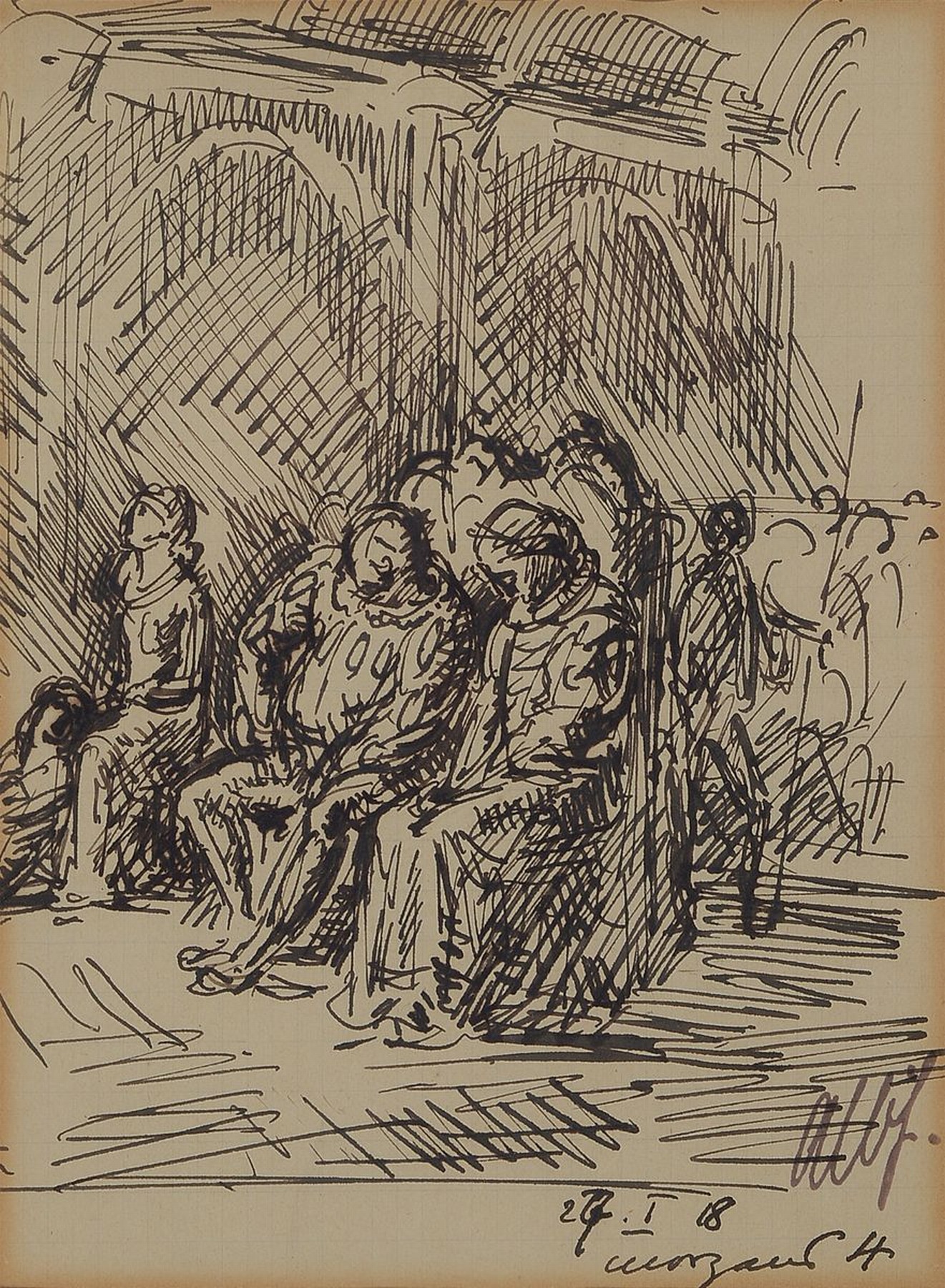 Albert Haueisen, 1872 Stuttgart-1954 Kandel, zwei Federzeichnungen auf Papier, Rheinlandschaft/Interior, l. gebräunt, je rechts unten signiert, ...
