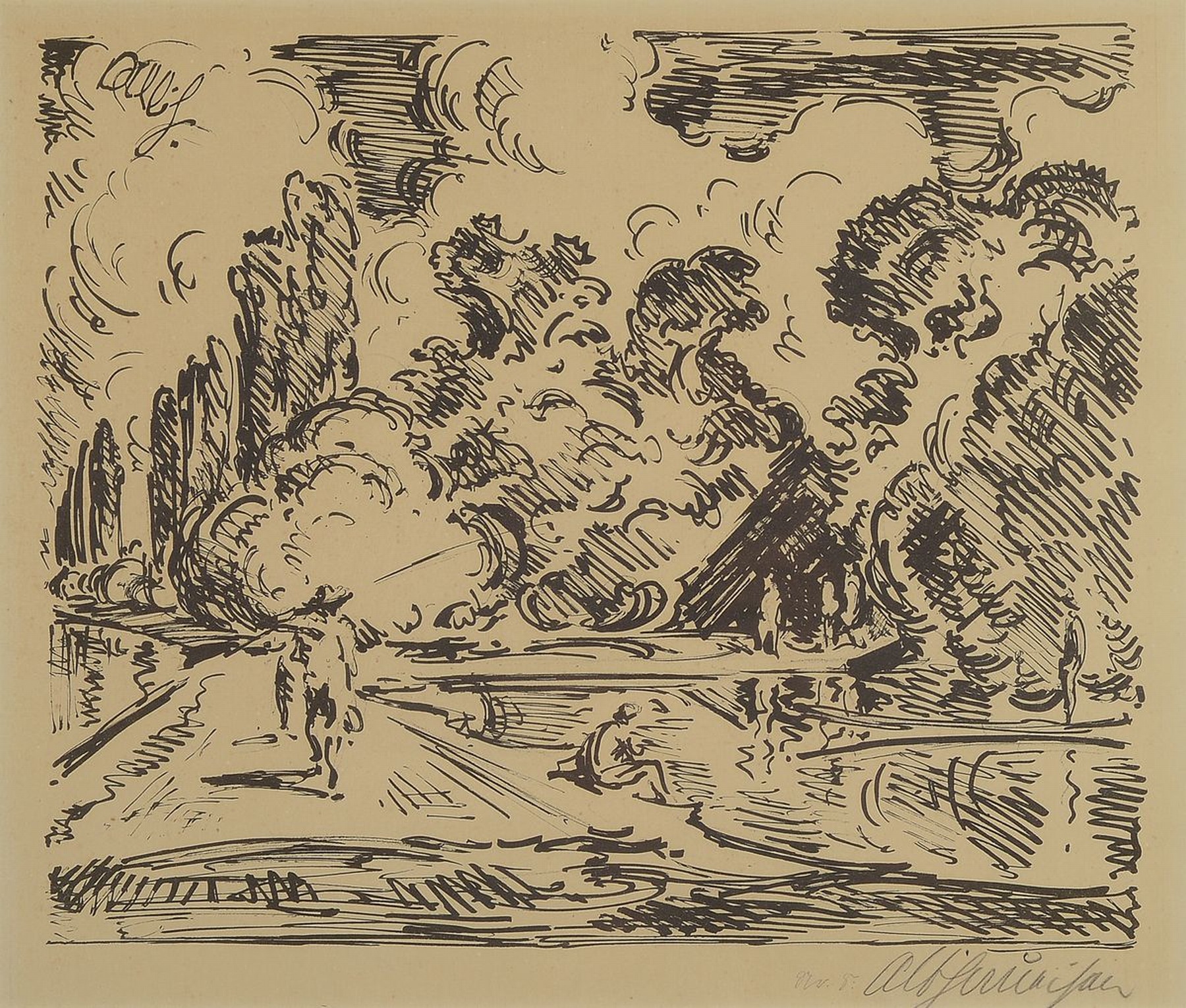 Detail d: Albert Haueisen, 1872 Stuttgart-1954 Kandel, zwei Federzeichnungen auf Papier, Rheinlandschaft/Interior, l. gebräunt, je rechts unten signiert, ...
