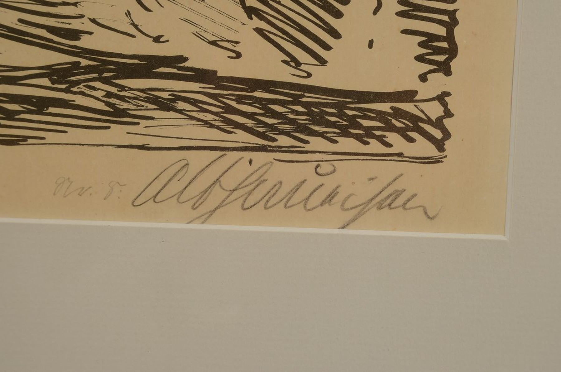 Detail e: Albert Haueisen, 1872 Stuttgart-1954 Kandel, zwei Federzeichnungen auf Papier, Rheinlandschaft/Interior, l. gebräunt, je rechts unten signiert, ...