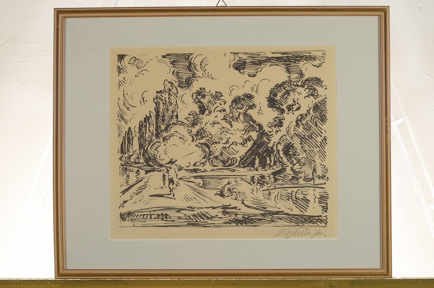 Detail o: Albert Haueisen, 1872 Stuttgart-1954 Kandel, zwei Federzeichnungen auf Papier, Rheinlandschaft/Interior, l. gebräunt, je rechts unten signiert, ...
