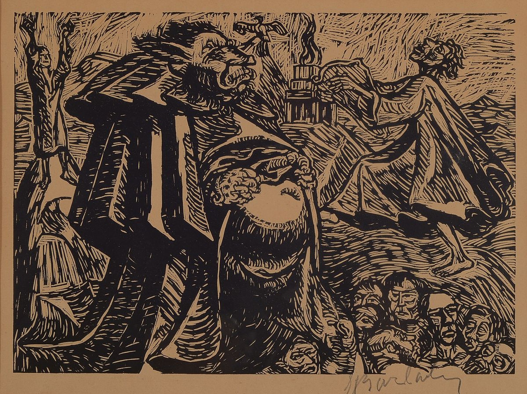 Ernst Barlach, 1870 Wedel-1938 Rostock, Holzschnitt: Gott Bauch (Blatt 5) aus der Folge die Wandlung Gottes, sieben Holzschnitte (1922), rechts unten ...