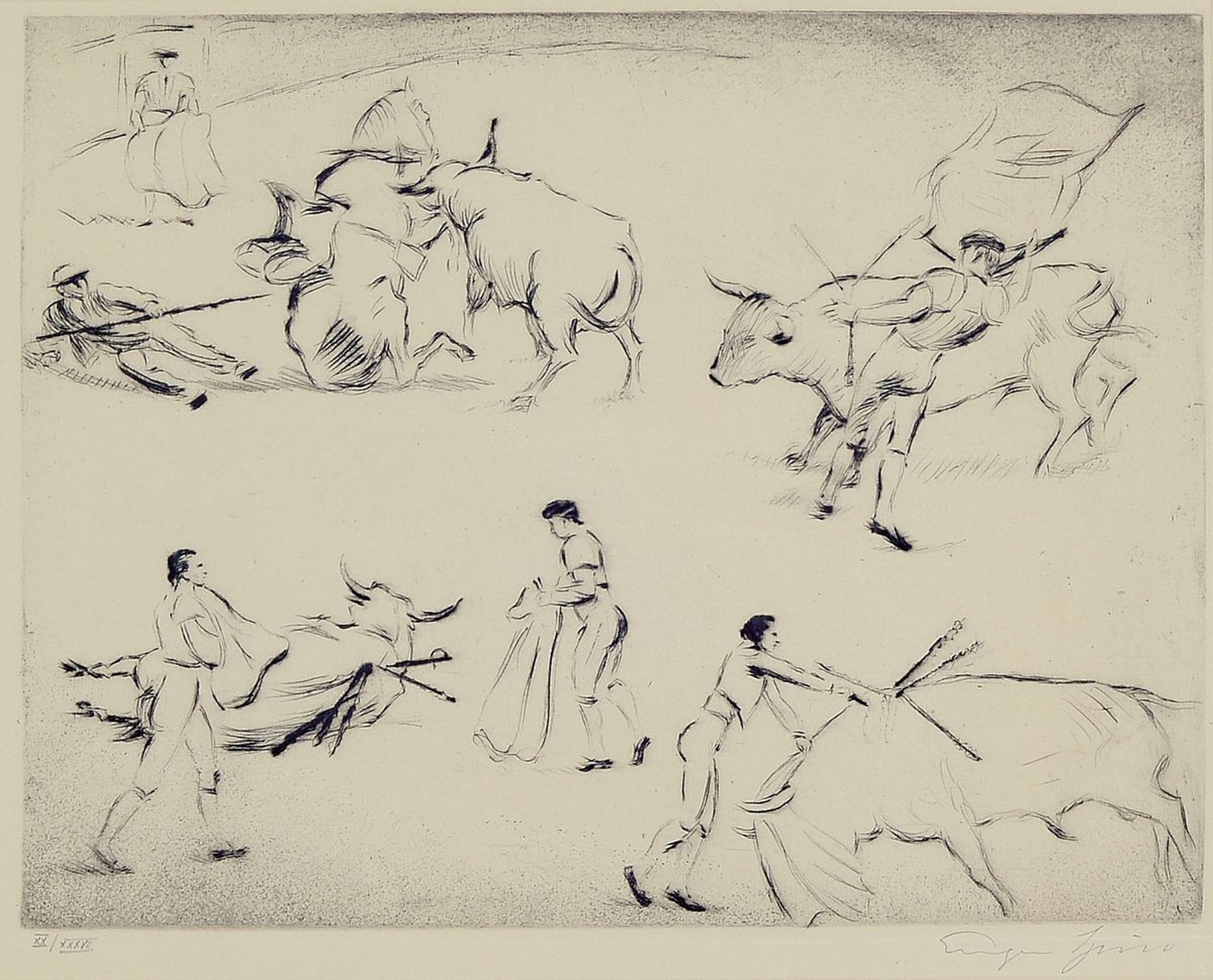 Eugen Spiro, 1847 Breslau-1972 New York City , Radierung, Szenen aus der Stierkampfarena,aus der Folge " Spanische Reise" (1924), signiert ...